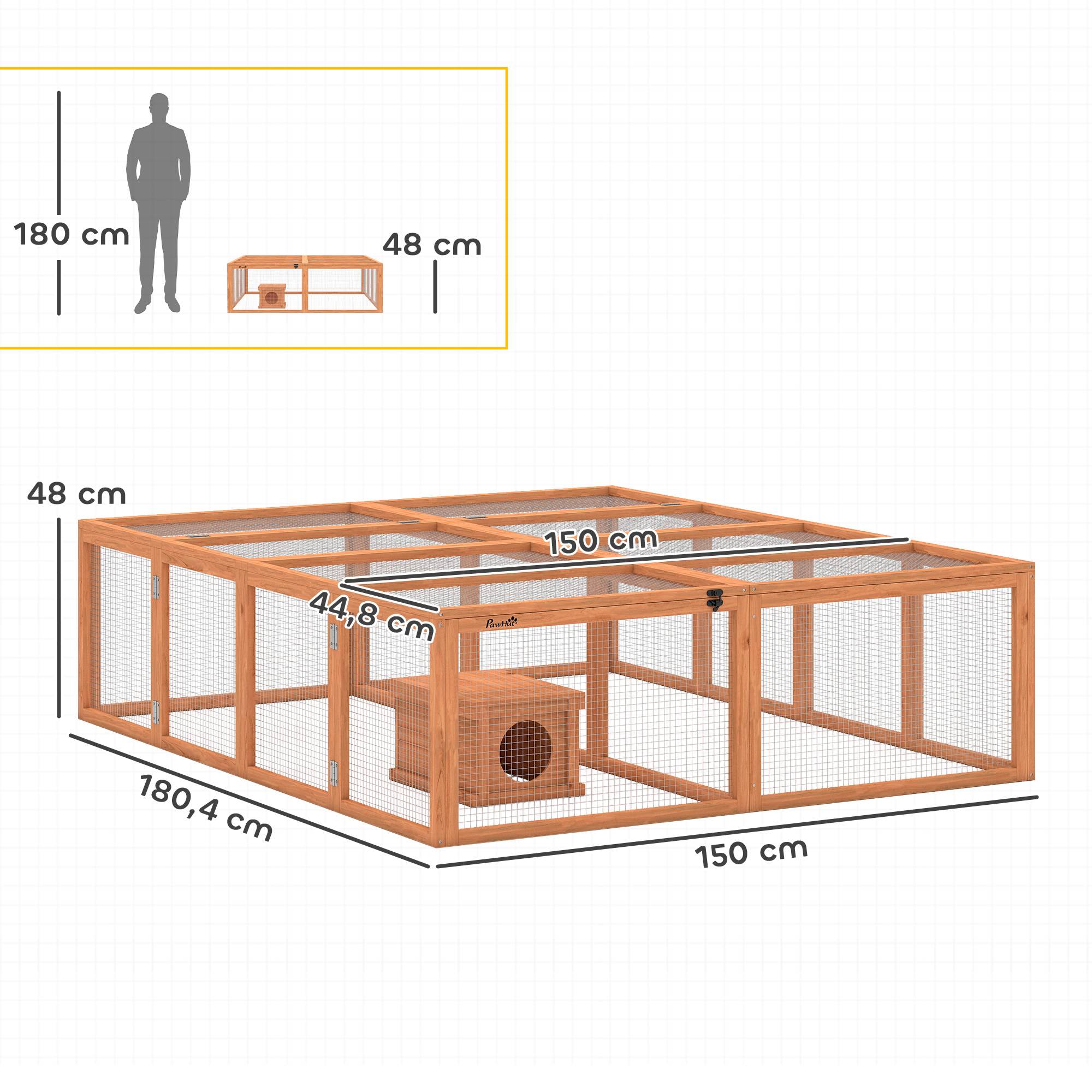 Enclos lapins bois, 2 portes, abri pour 2-4 lapins nains, 180,4 x 150 x 48 cm, orange - Image 5