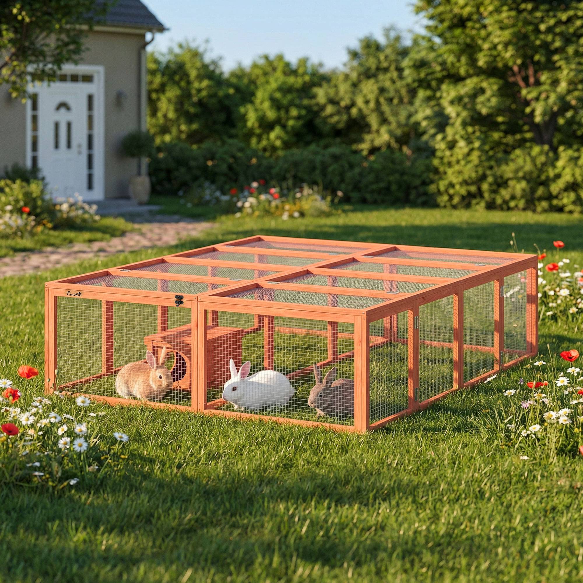 Enclos lapins bois, 2 portes, abri pour 2-4 lapins nains, 180,4 x 150 x 48 cm, orange - Image 3