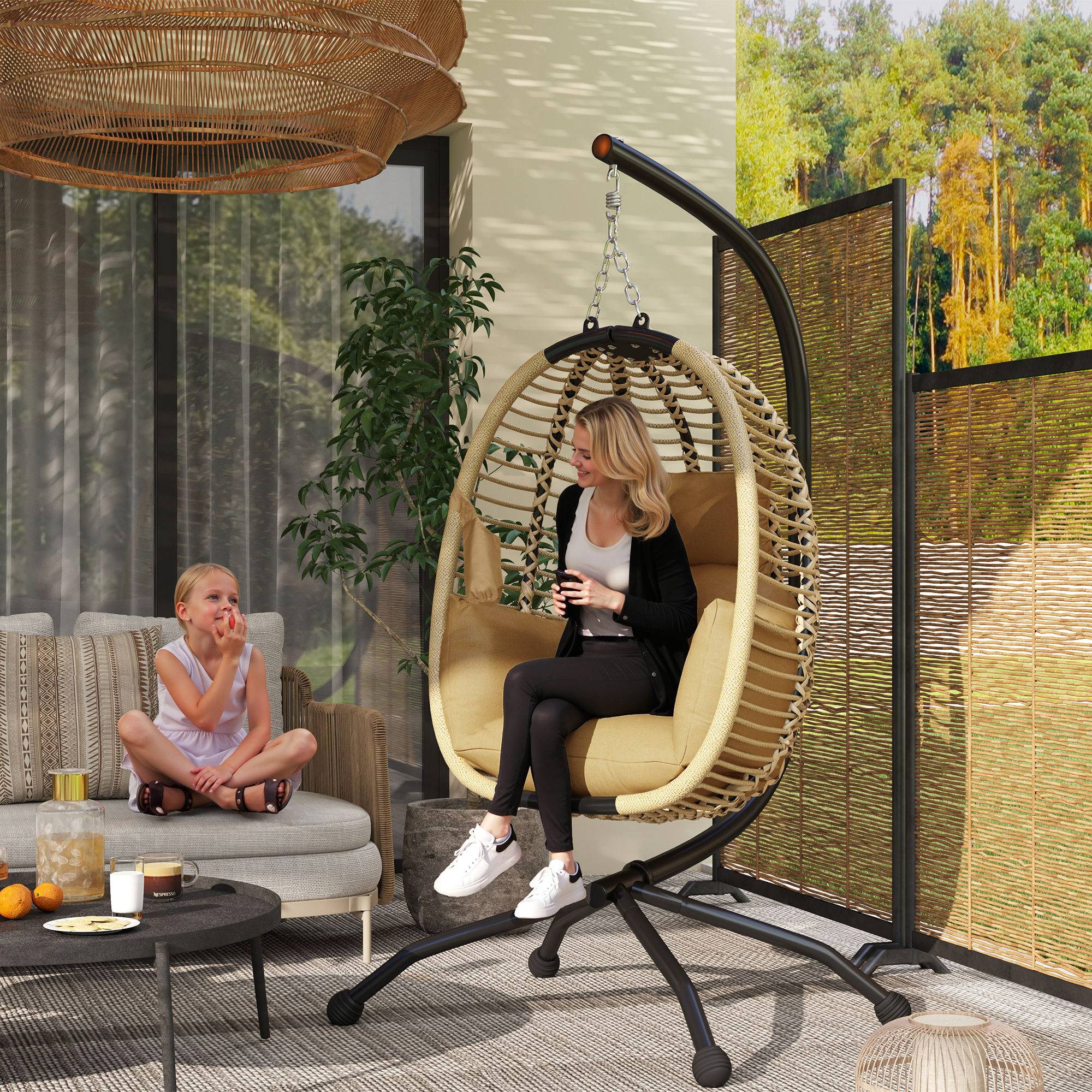 Fauteuil œuf suspendu acier extérieur assise pliable coussin 110x100x188 cm beige - ComfortXL Outdoor Living - Image 3