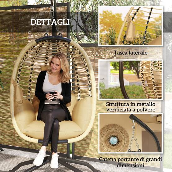 Fauteuil œuf suspendu acier extérieur assise pliable coussin 110x100x188 cm beige - ComfortXL Outdoor Living - Image 9