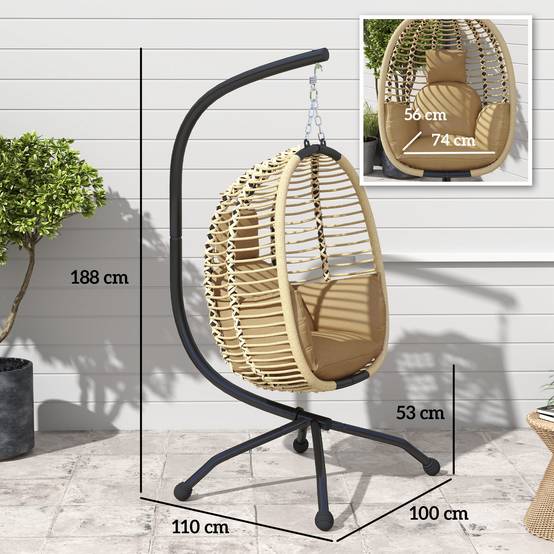 Fauteuil œuf suspendu acier extérieur assise pliable coussin 110x100x188 cm beige - ComfortXL Outdoor Living - Image 5