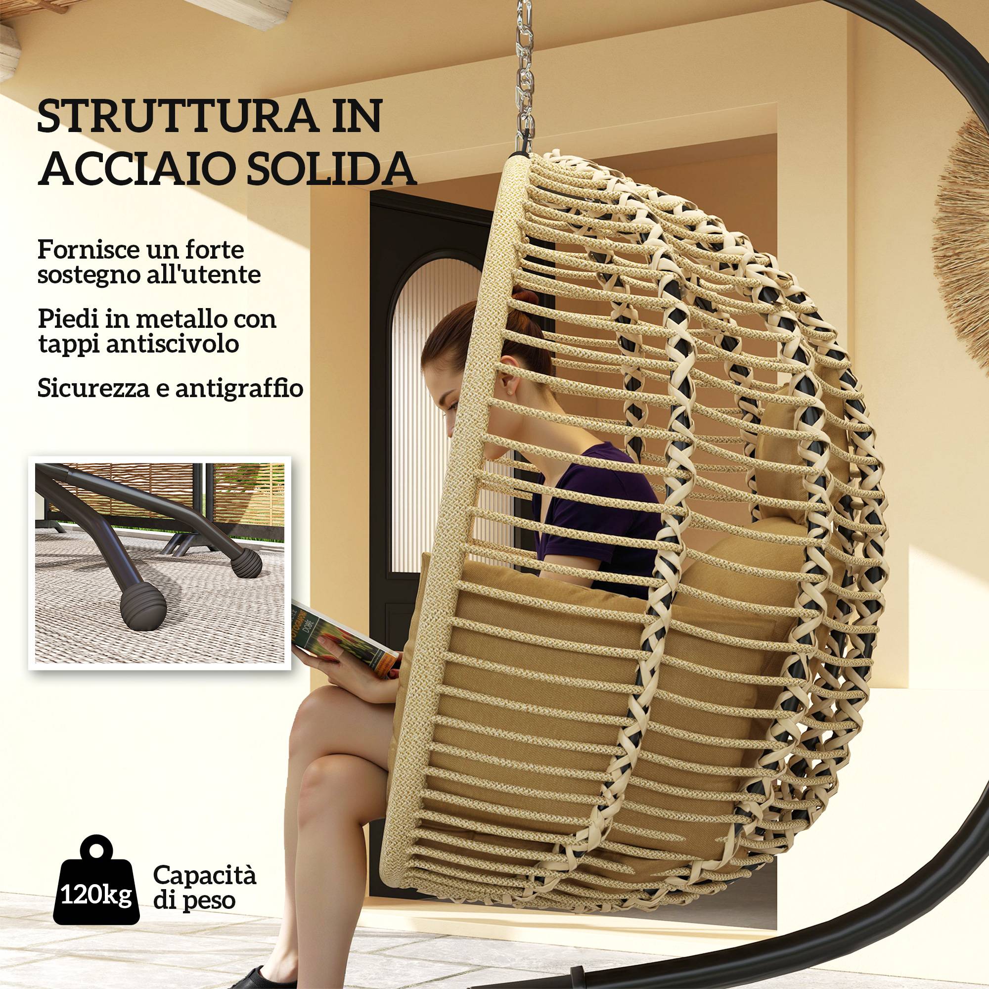Fauteuil œuf suspendu acier extérieur assise pliable coussin 110x100x188 cm beige - ComfortXL Outdoor Living - Image 6