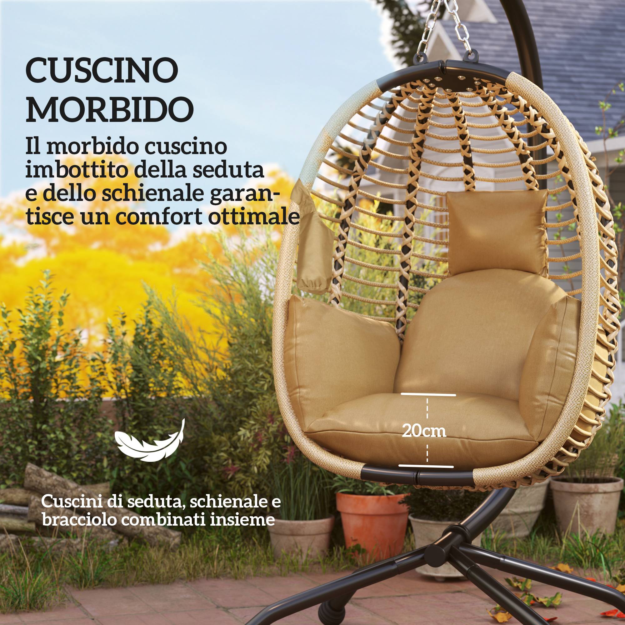 Fauteuil œuf suspendu acier extérieur assise pliable coussin 110x100x188 cm beige - ComfortXL Outdoor Living - Image 8