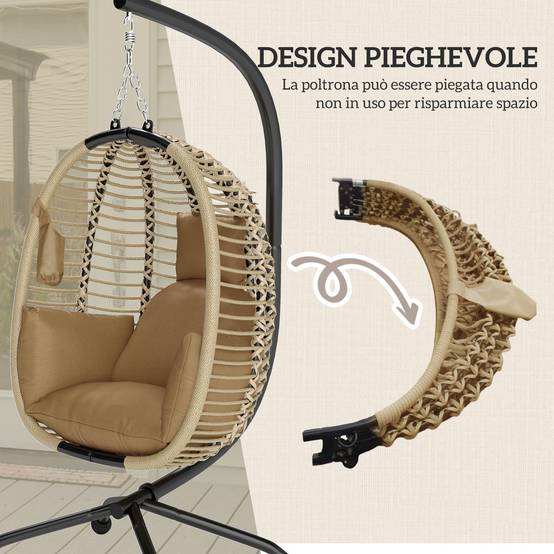 Fauteuil œuf suspendu acier extérieur assise pliable coussin 110x100x188 cm beige - ComfortXL Outdoor Living - Image 7