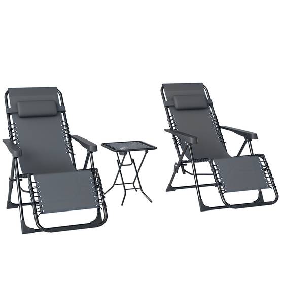 Lot de 2 chaises longues pliantes grises inclinables tablette porte-gobelets appui-tête 120 kg - Image 1