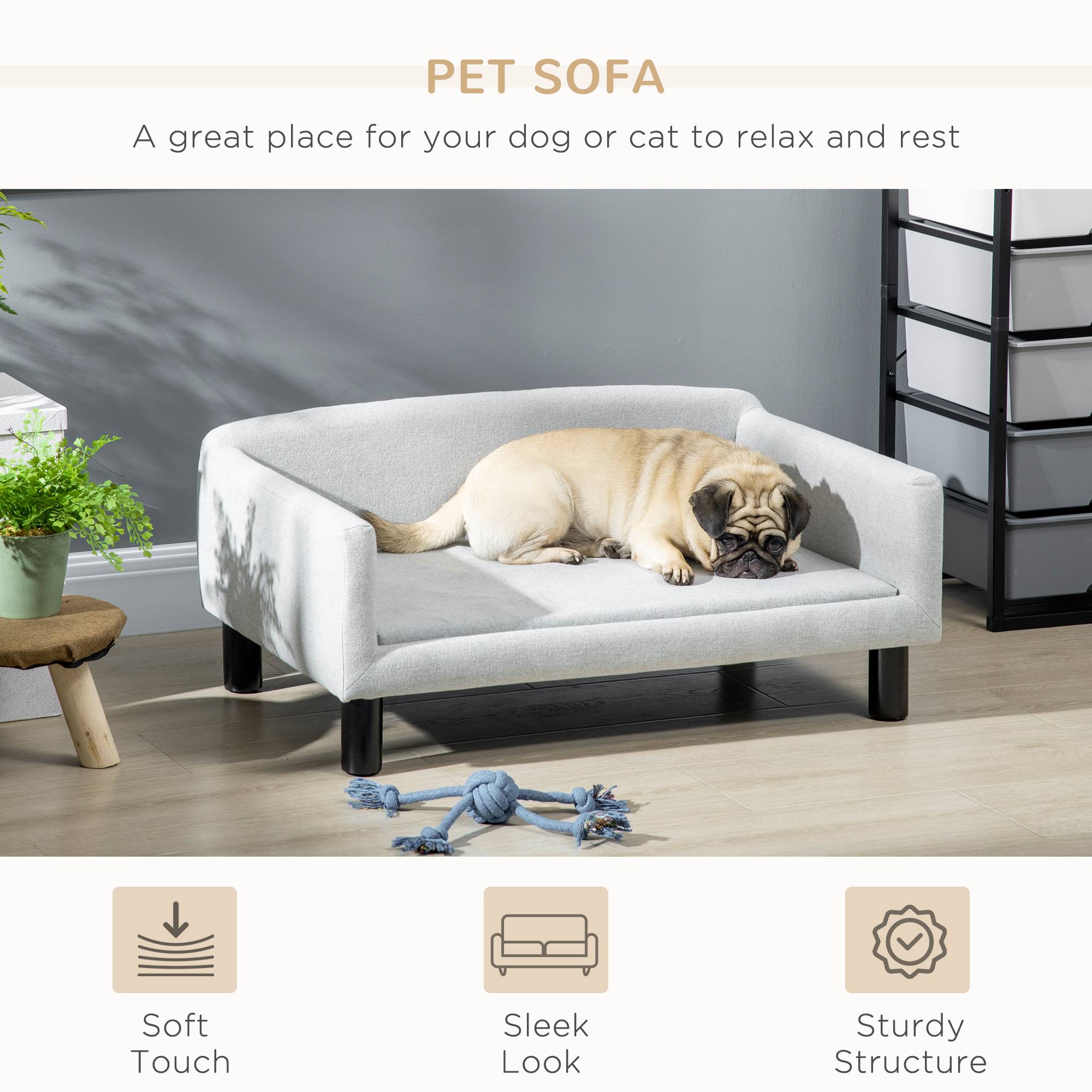 Sans Marque - Canapé chien PawHut lit velours dossier pieds bois chiens taille moyenne 82x54x36 gris clair,Sans Marque - Image 4