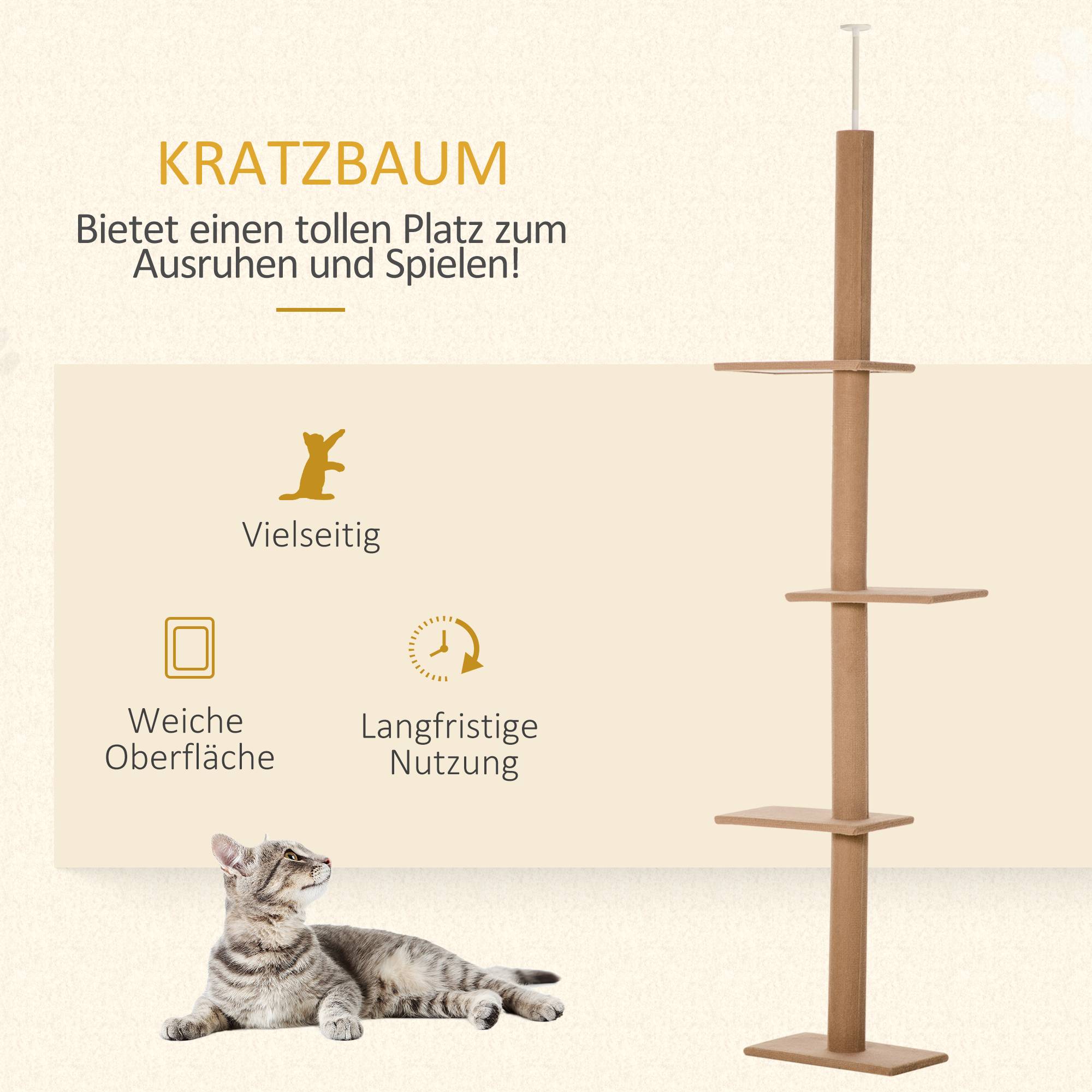 Arbre à chat plafond 228-260 cm plateformes multi-étages, petits & grands chats, brun clair - Image 6