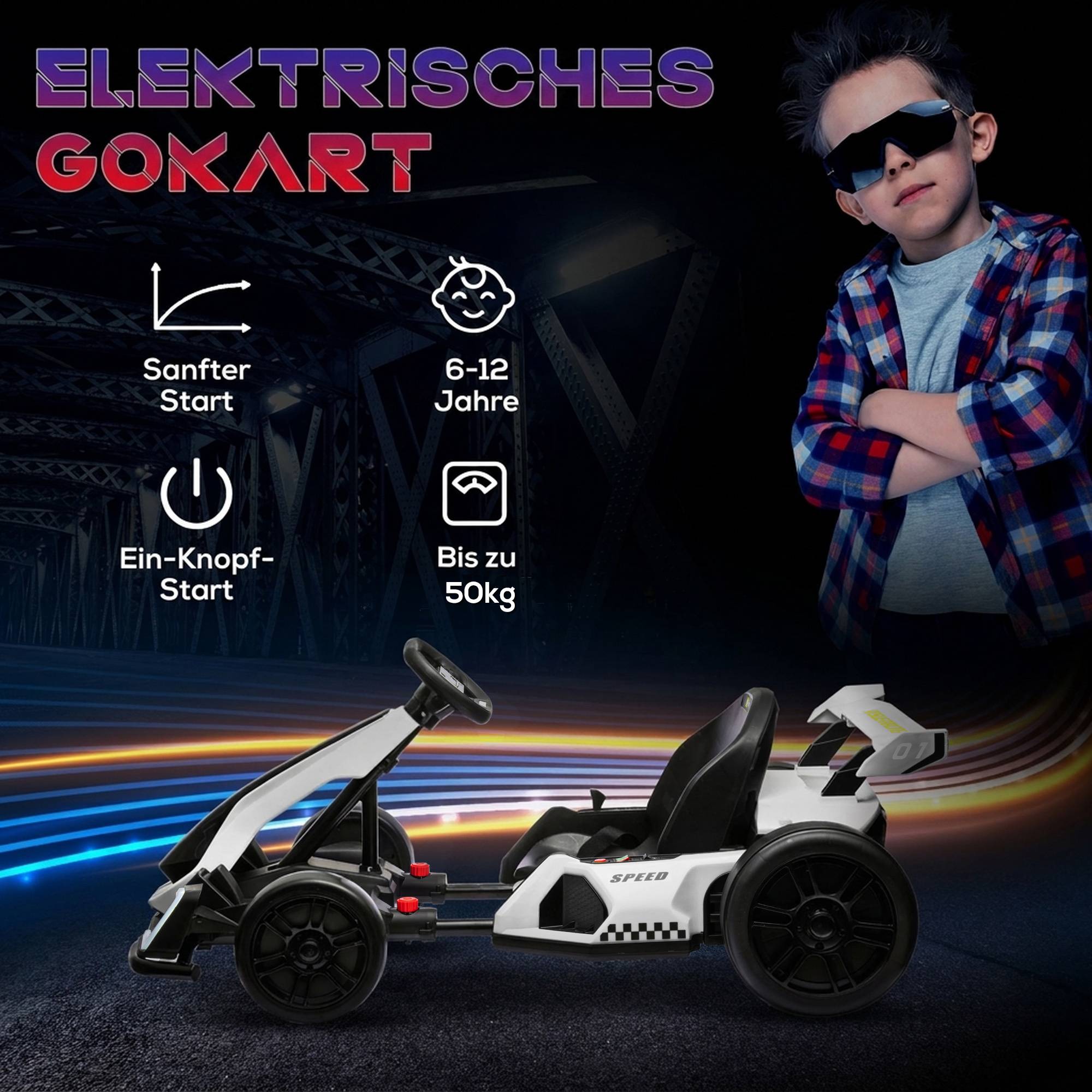 Kart électrique enfant 24V, drift, 6-12 ans, blanc - Image 9