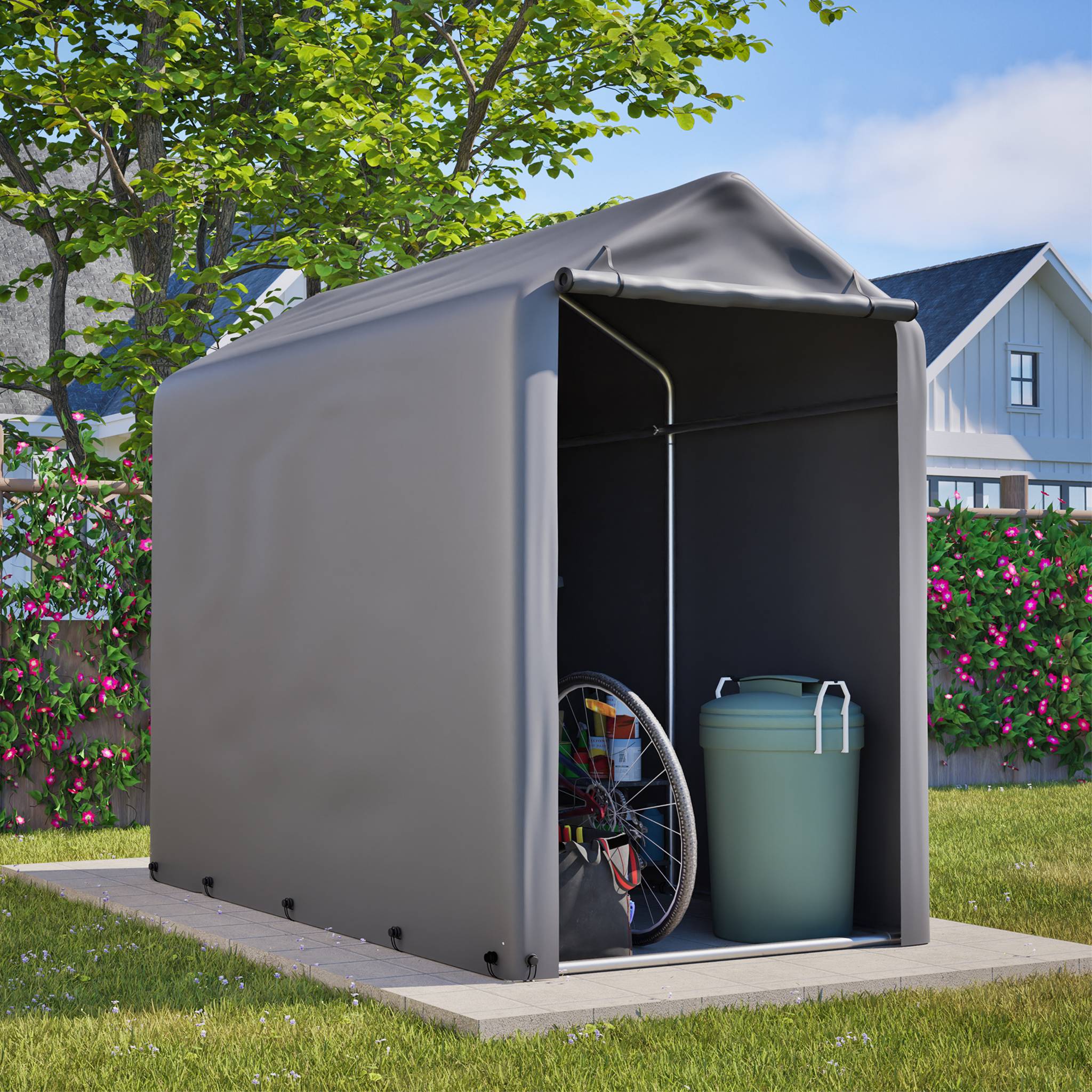 Carport abri vélo compact 187×100×160 cm, bâche PE étanche anti-UV, acier galvanisé gris - Image 4