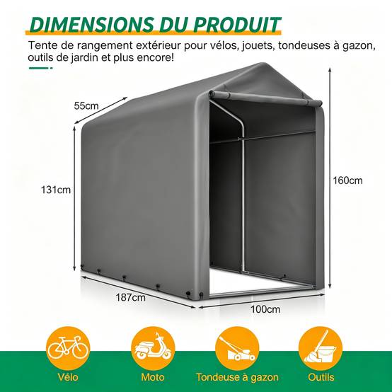 Carport abri vélo compact 187×100×160 cm, bâche PE étanche anti-UV, acier galvanisé gris - Image 2