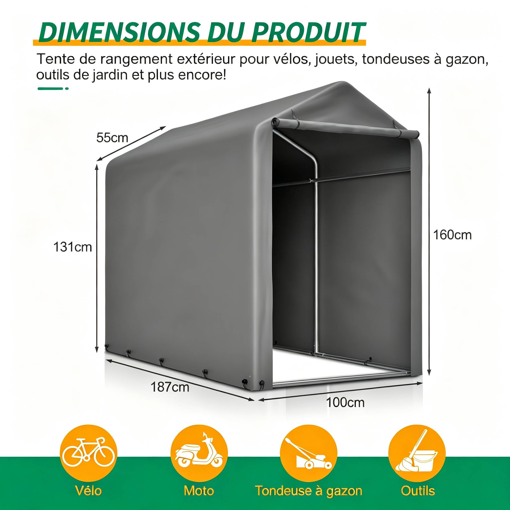 Carport abri vélo compact 187×100×160 cm, bâche PE étanche anti-UV, acier galvanisé gris - Image 2