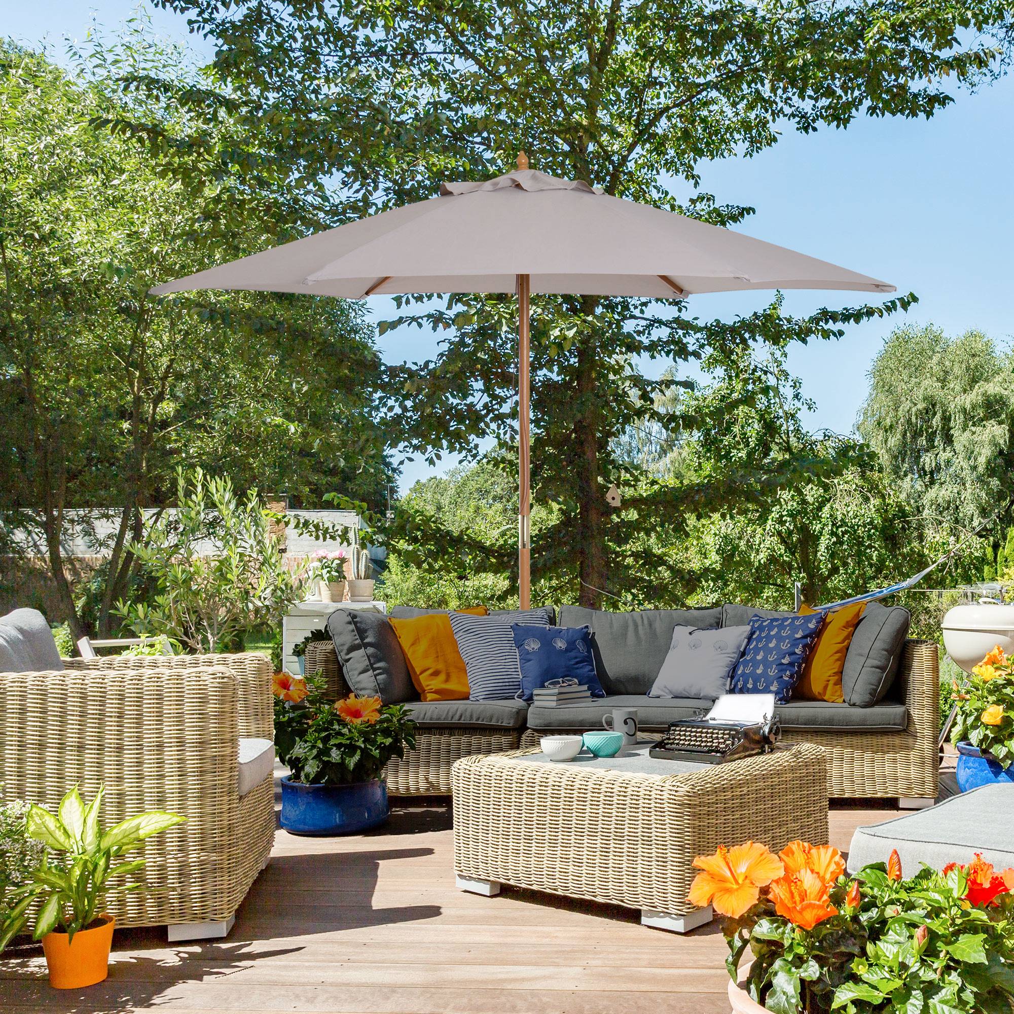 Parasol droit parasol de jardin rond grande taille de jardin Ø 2,5 x 2,3m bois de bambou gris fr180 - Image 3