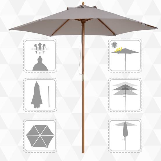 Parasol droit parasol de jardin rond grande taille de jardin Ø 2,5 x 2,3m bois de bambou gris fr180 - Image 6