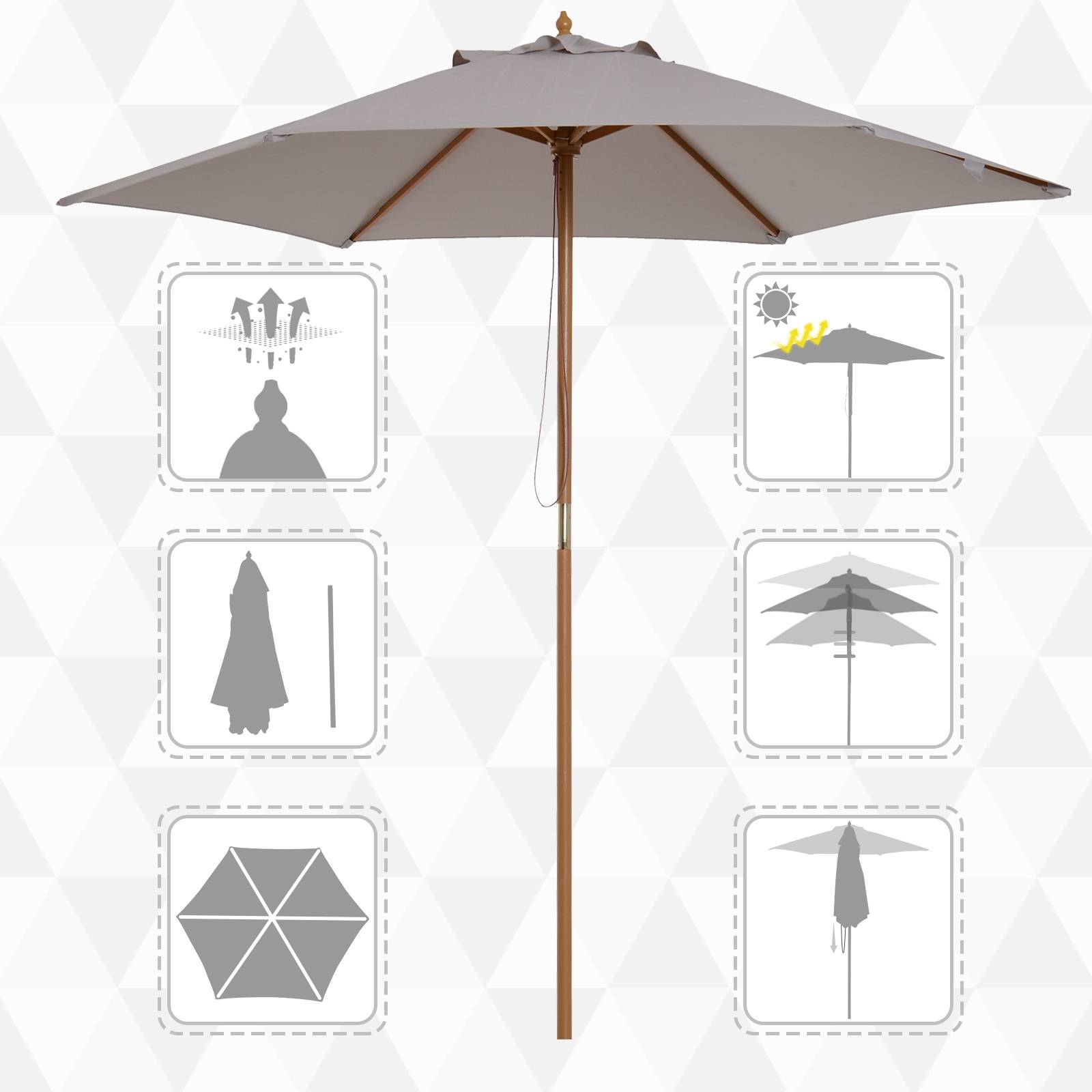 Parasol droit parasol de jardin rond grande taille de jardin Ø 2,5 x 2,3m bois de bambou gris fr180 - Image 6