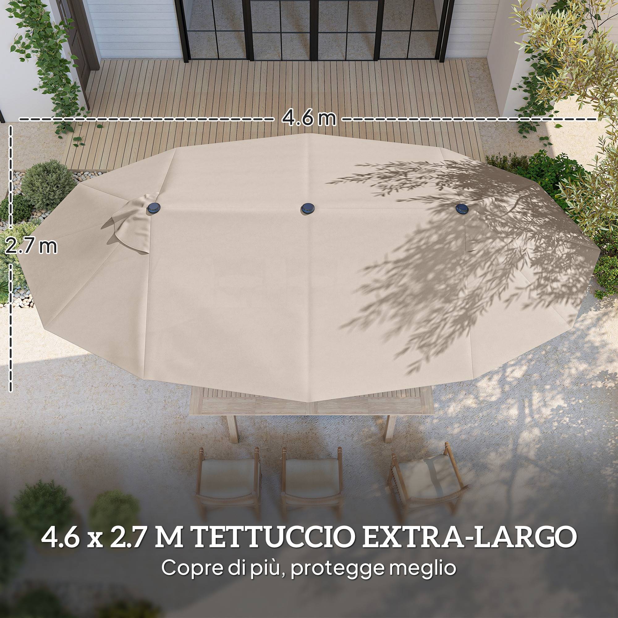 Parasol Double de Jardin 12 Baleines avec Socle en Croix, Manivelle et Sacs de Sable, Acier et Polyester, 455 x 265 x 238 cm, Kaki - Image 6