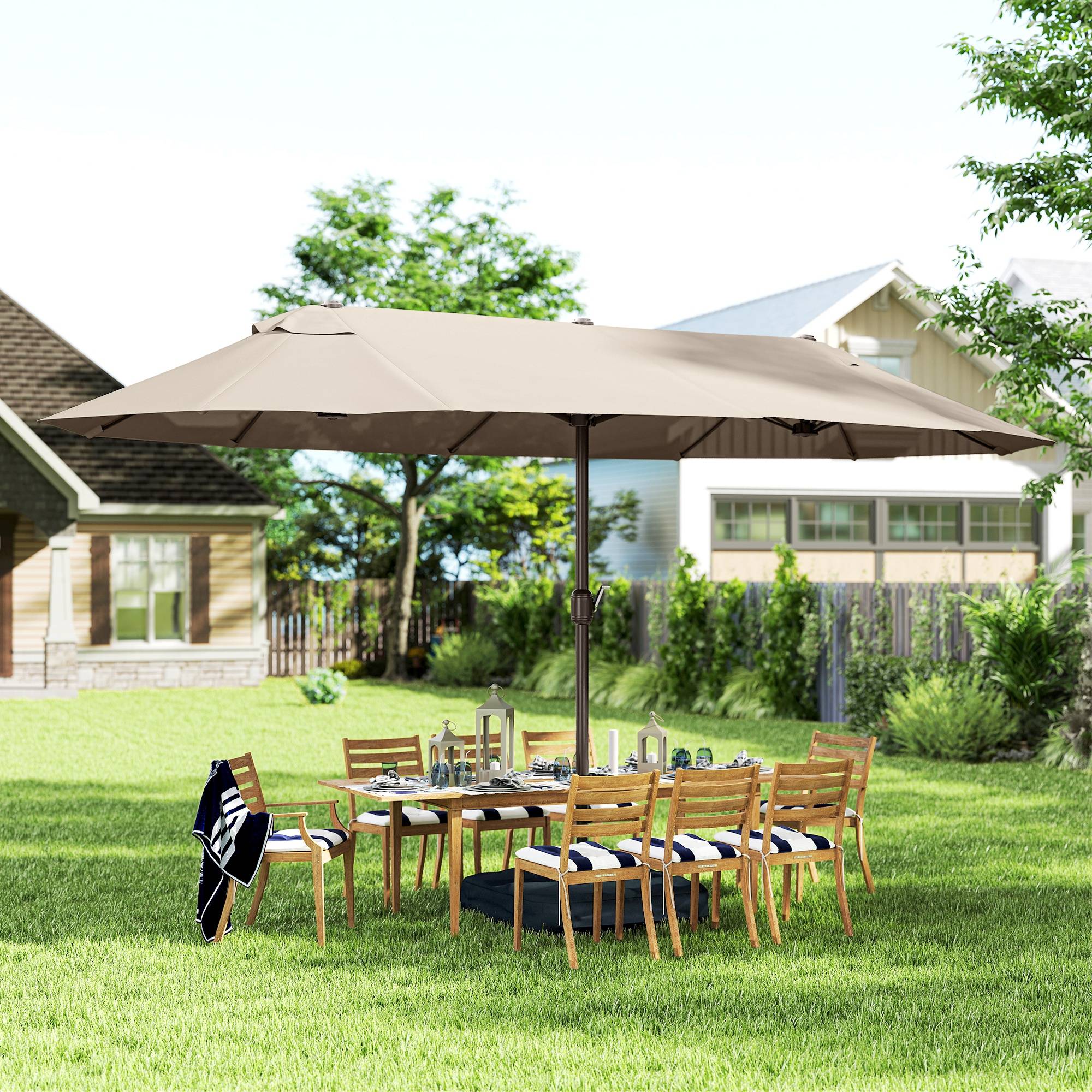 Parasol Double de Jardin 12 Baleines avec Socle en Croix, Manivelle et Sacs de Sable, Acier et Polyester, 455 x 265 x 238 cm, Kaki - Image 4