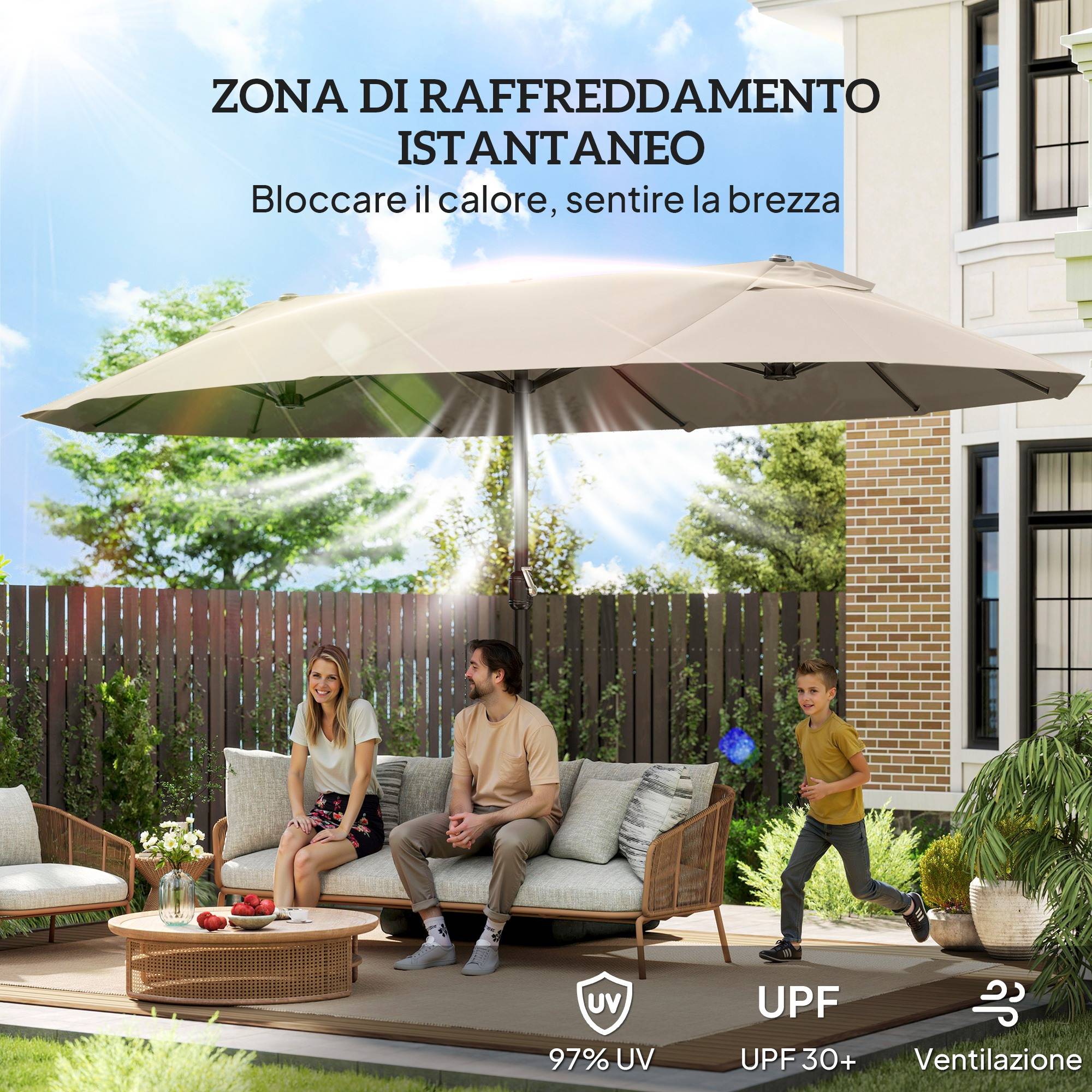 Parasol Double de Jardin 12 Baleines avec Socle en Croix, Manivelle et Sacs de Sable, Acier et Polyester, 455 x 265 x 238 cm, Kaki - Image 7