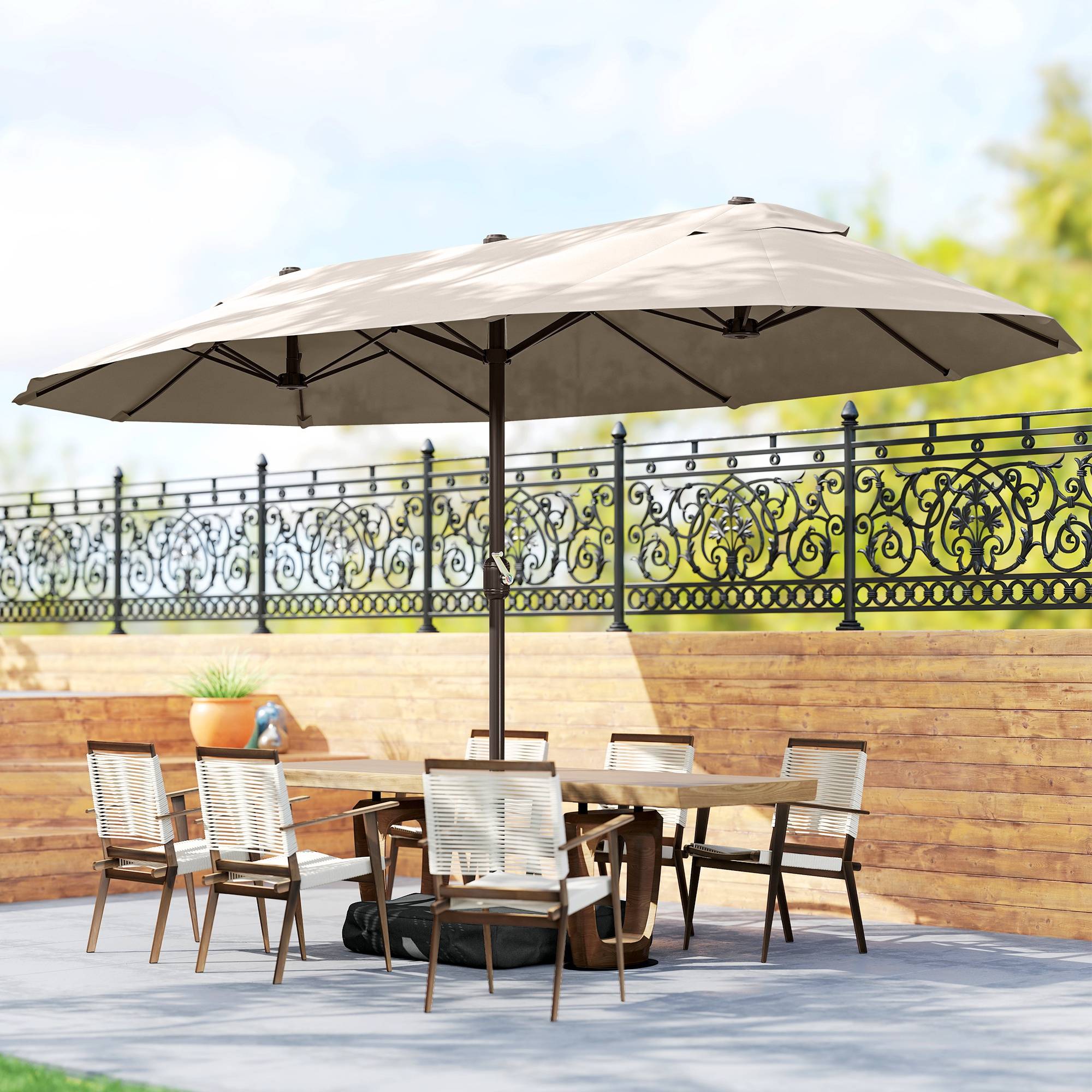 Parasol Double de Jardin 12 Baleines avec Socle en Croix, Manivelle et Sacs de Sable, Acier et Polyester, 455 x 265 x 238 cm, Kaki - Image 3
