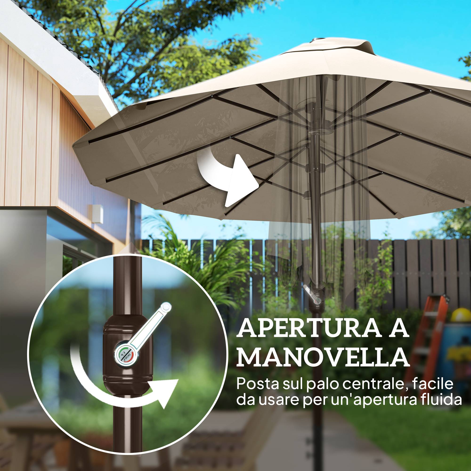 Parasol Double de Jardin 12 Baleines avec Socle en Croix, Manivelle et Sacs de Sable, Acier et Polyester, 455 x 265 x 238 cm, Kaki - Image 10