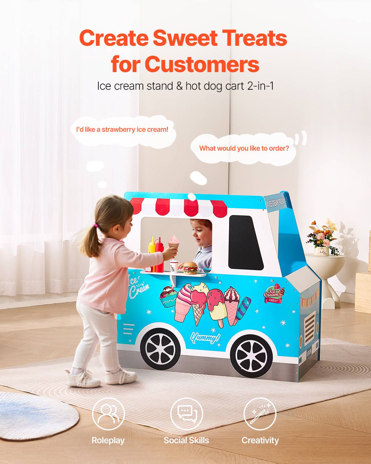 Vevor - VEVOR Chariot à glaces en bois MDF pour enfants 3-7 ans, 25 accessoires, rangement intégré, stand glacier jouet. - Image 2