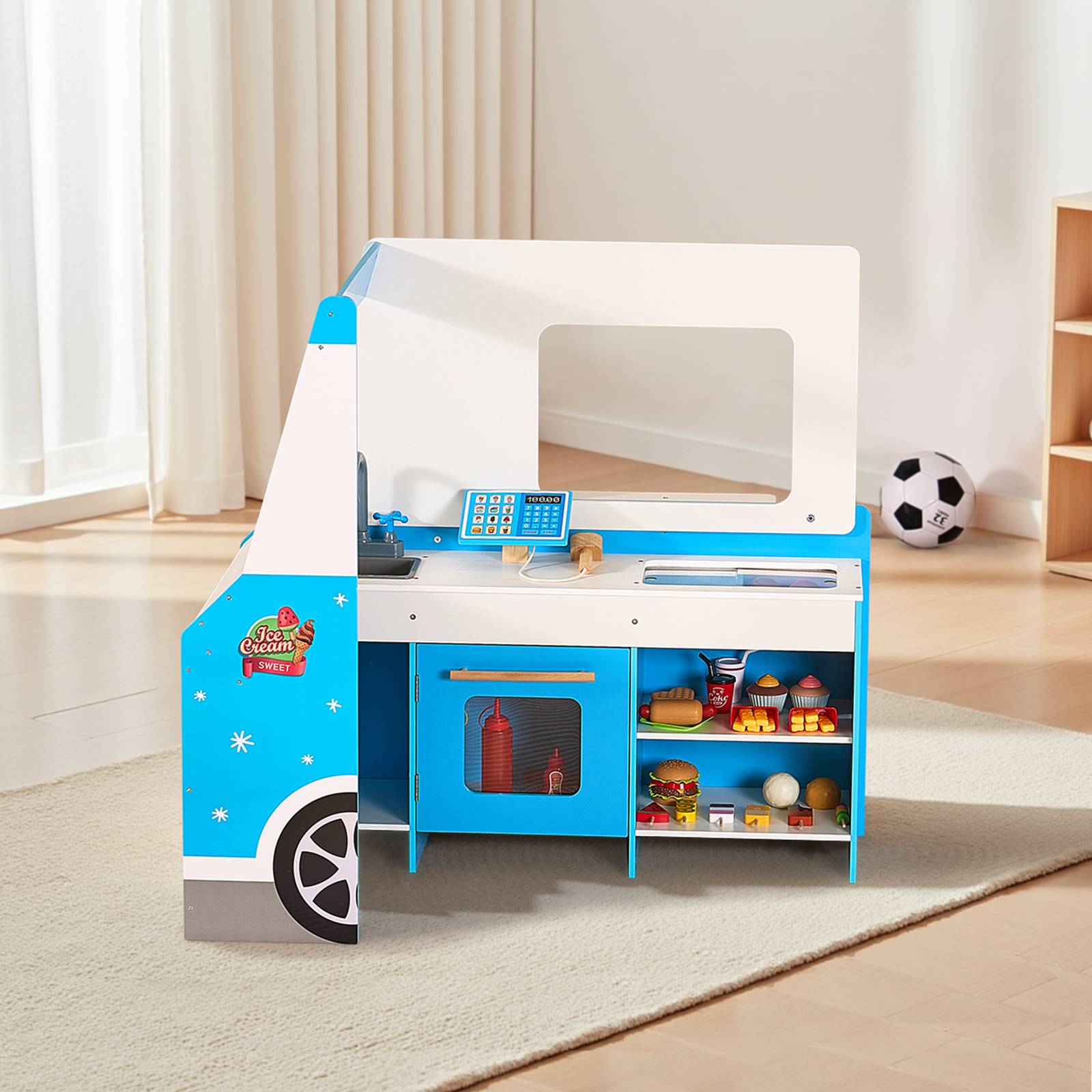 Vevor - VEVOR Chariot à glaces en bois MDF pour enfants 3-7 ans, 25 accessoires, rangement intégré, stand glacier jouet. - Image 8