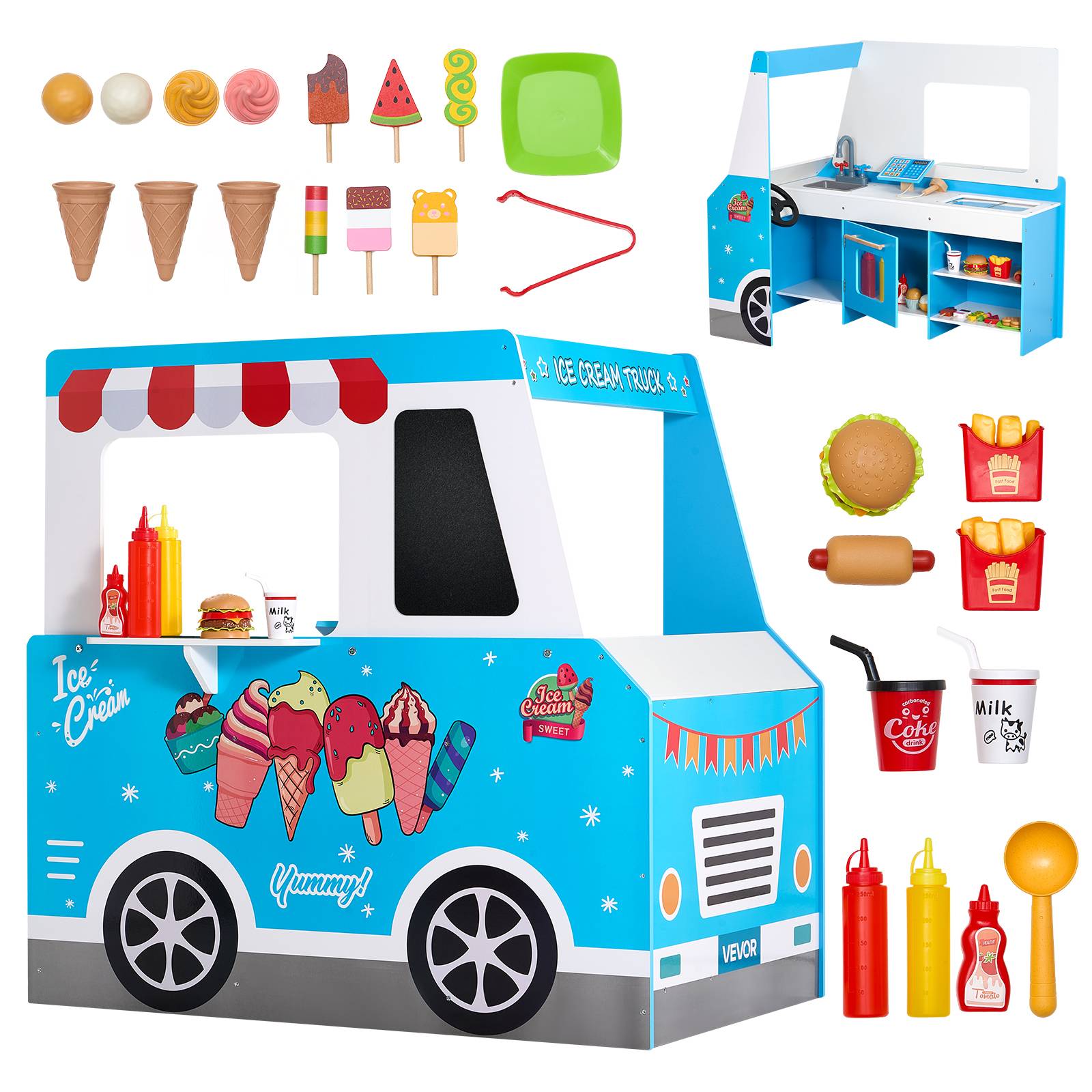 Vevor - VEVOR Chariot à glaces en bois MDF pour enfants 3-7 ans, 25 accessoires, rangement intégré, stand glacier jouet. - Image 1