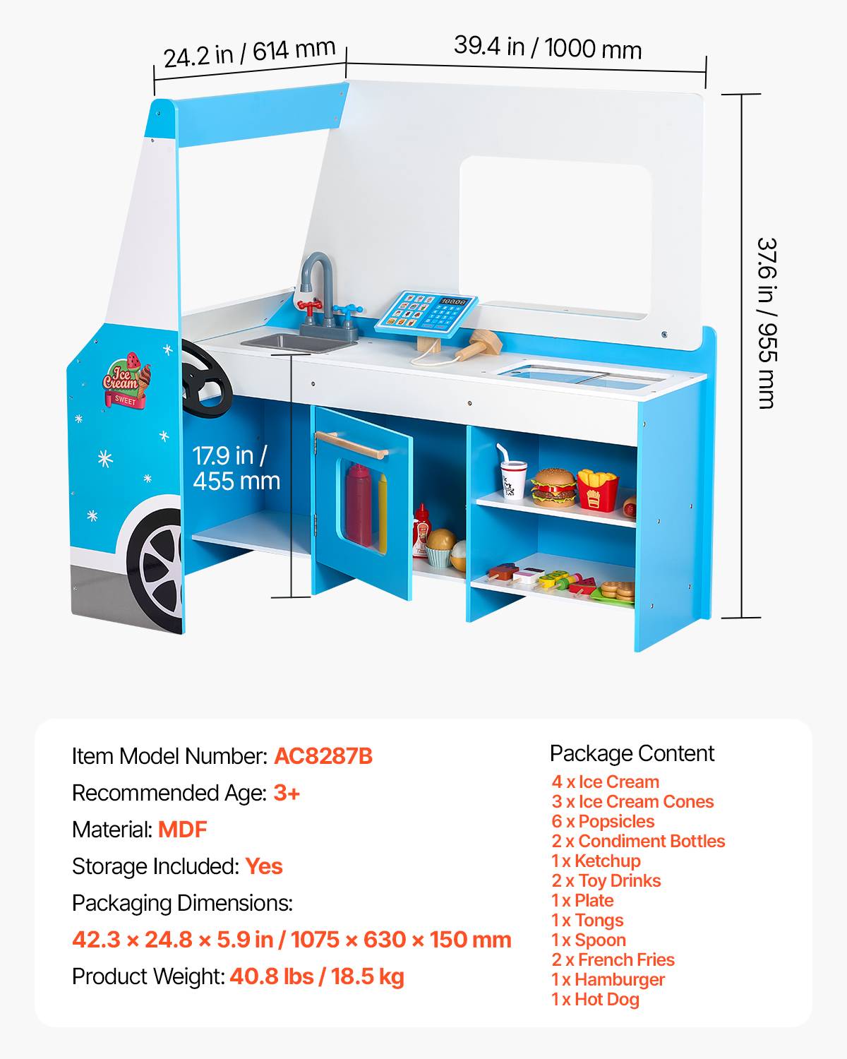 Vevor - VEVOR Chariot à glaces en bois MDF pour enfants 3-7 ans, 25 accessoires, rangement intégré, stand glacier jouet. - Image 6
