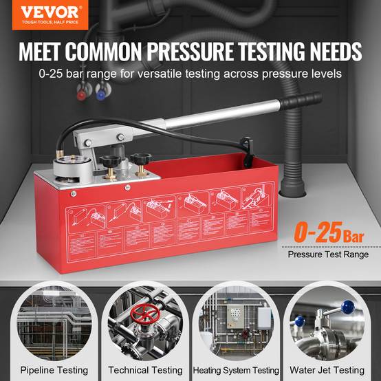 VEVOR Pompe test hydrostatique 25 bar, double valve, réservoir 10L, tuyau 1.4m, pour canalisations. - Image 2
