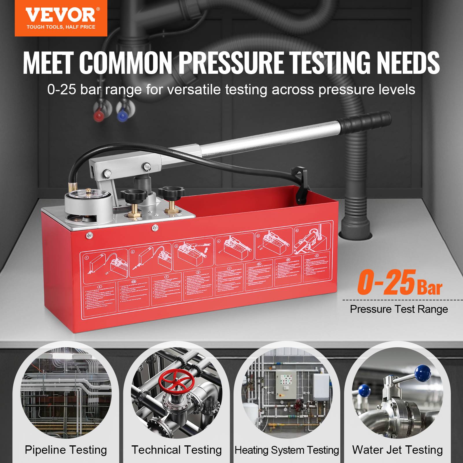 VEVOR Pompe test hydrostatique 25 bar, double valve, réservoir 10L, tuyau 1.4m, pour canalisations. - Image 2