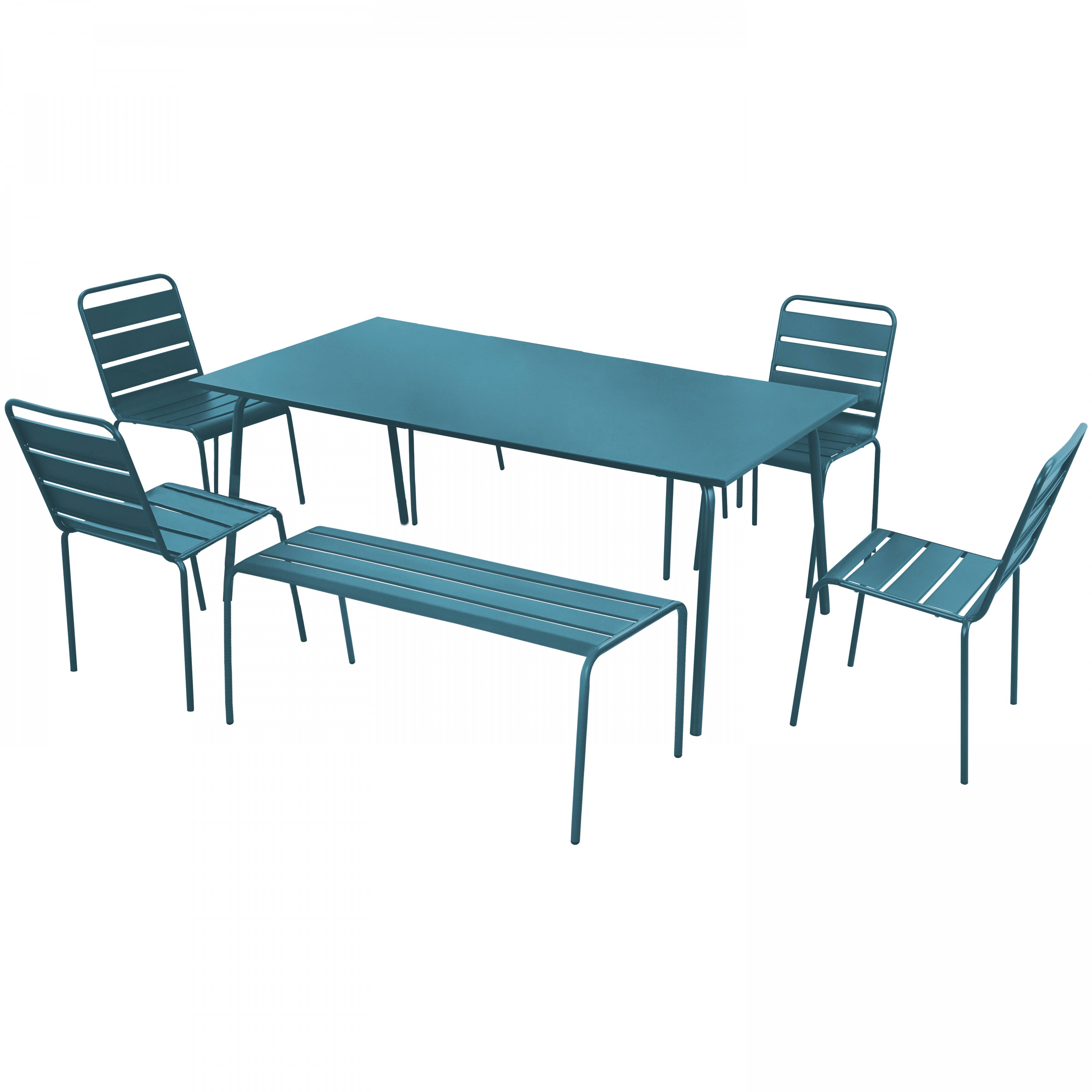 Oviala - Salon de jardin 2 bancs et 4 chaises en acier bleu pacific Palavas - Oviala - Image 1