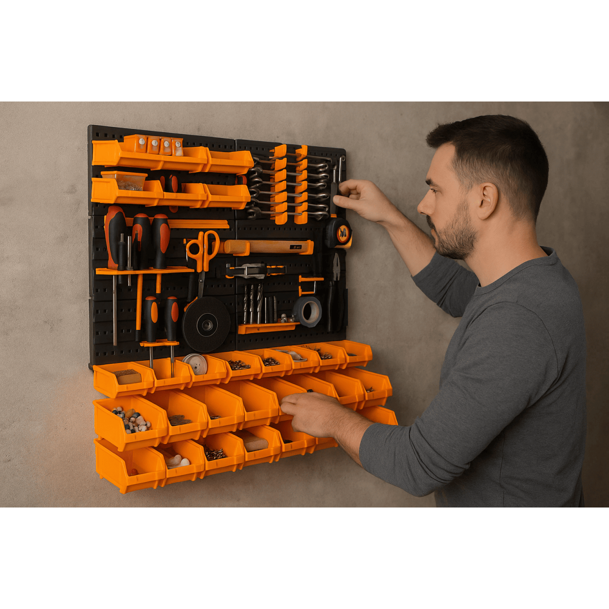 Panneau porte Outils 66 x 78 x 1.7cm 4 panneaux perforés 15 petits - 12 grands bacs 38 Crochets Etagère murale - Image 9