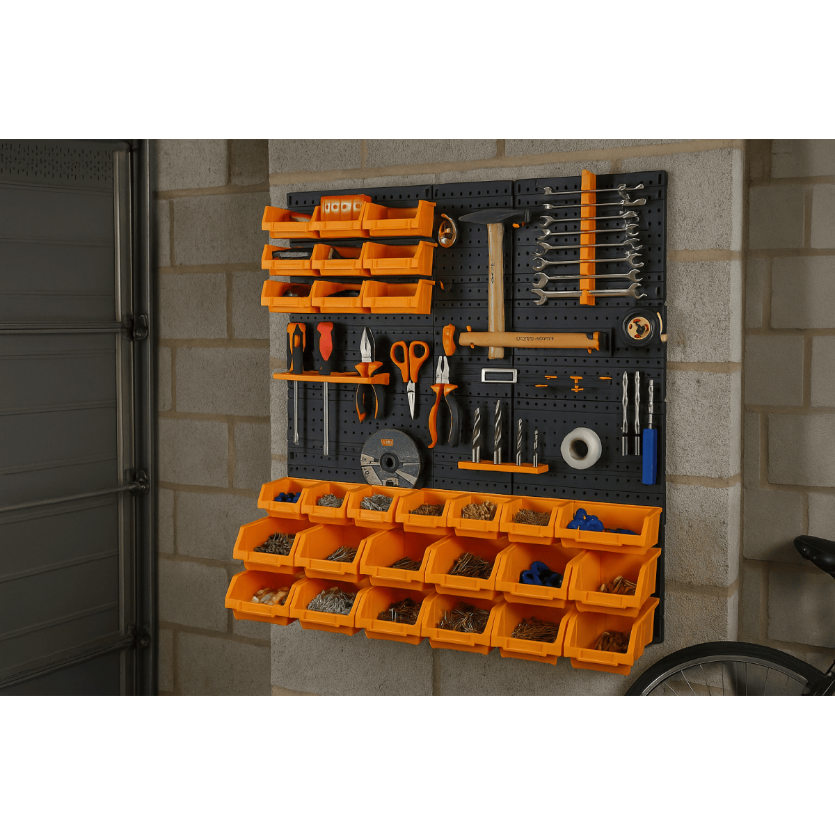 Panneau porte Outils 66 x 78 x 1.7cm 4 panneaux perforés 15 petits - 12 grands bacs 38 Crochets Etagère murale - Image 8