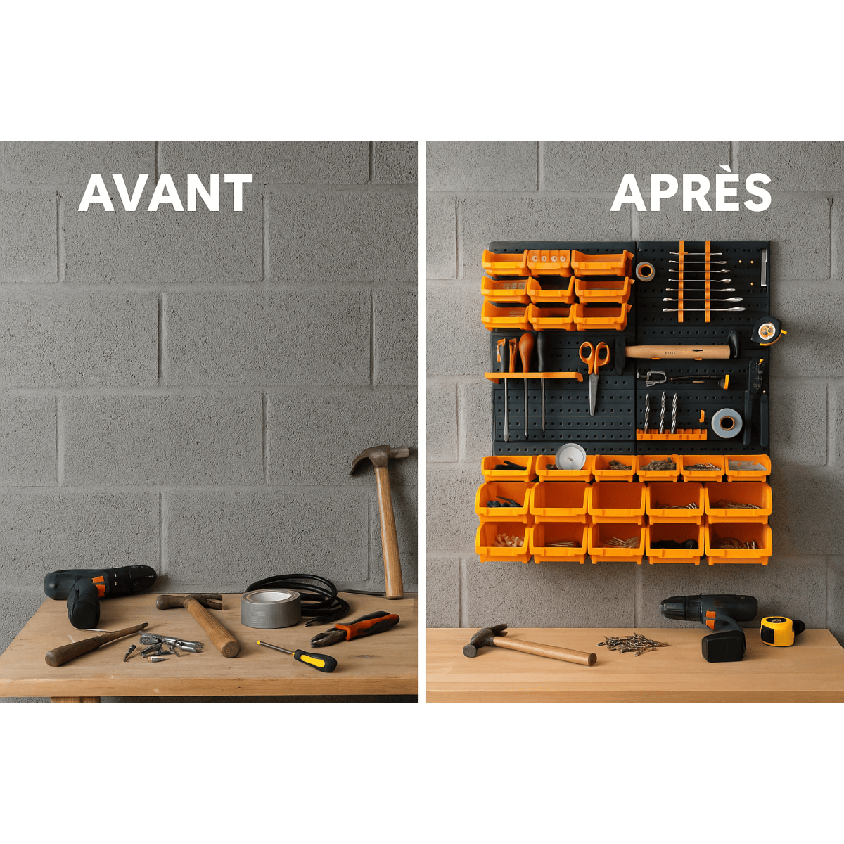 Panneau porte Outils 66 x 78 x 1.7cm 4 panneaux perforés 15 petits - 12 grands bacs 38 Crochets Etagère murale - Image 7