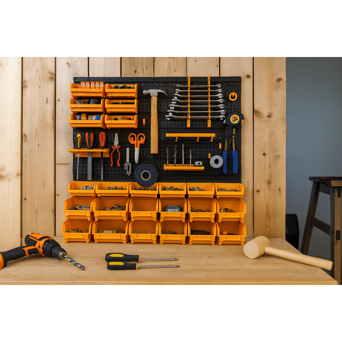 Panneau porte Outils 66 x 78 x 1.7cm 4 panneaux perforés 15 petits - 12 grands bacs 38 Crochets Etagère murale - Image 6