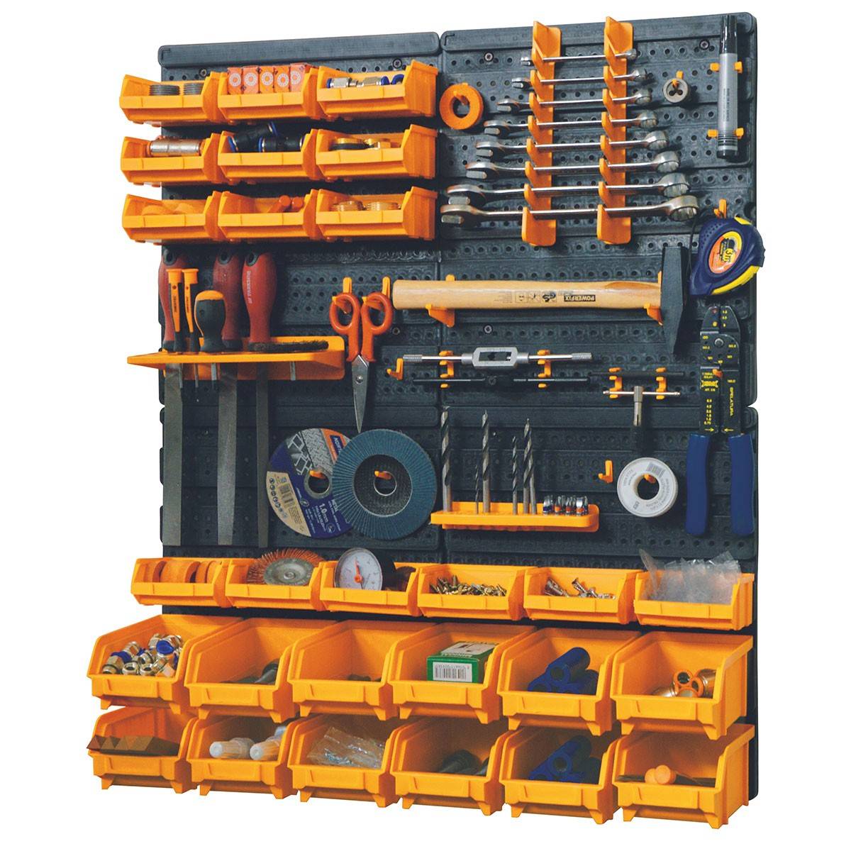 Panneau porte Outils 66 x 78 x 1.7cm 4 panneaux perforés 15 petits - 12 grands bacs 38 Crochets Etagère murale - Image 1