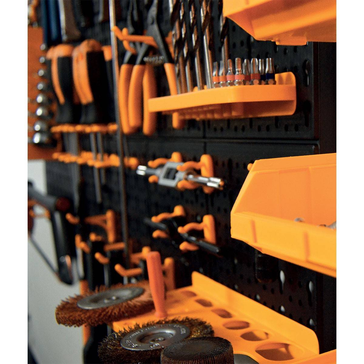 Panneau porte Outils 66 x 78 x 1.7cm 4 panneaux perforés 15 petits - 12 grands bacs 38 Crochets Etagère murale - Image 5
