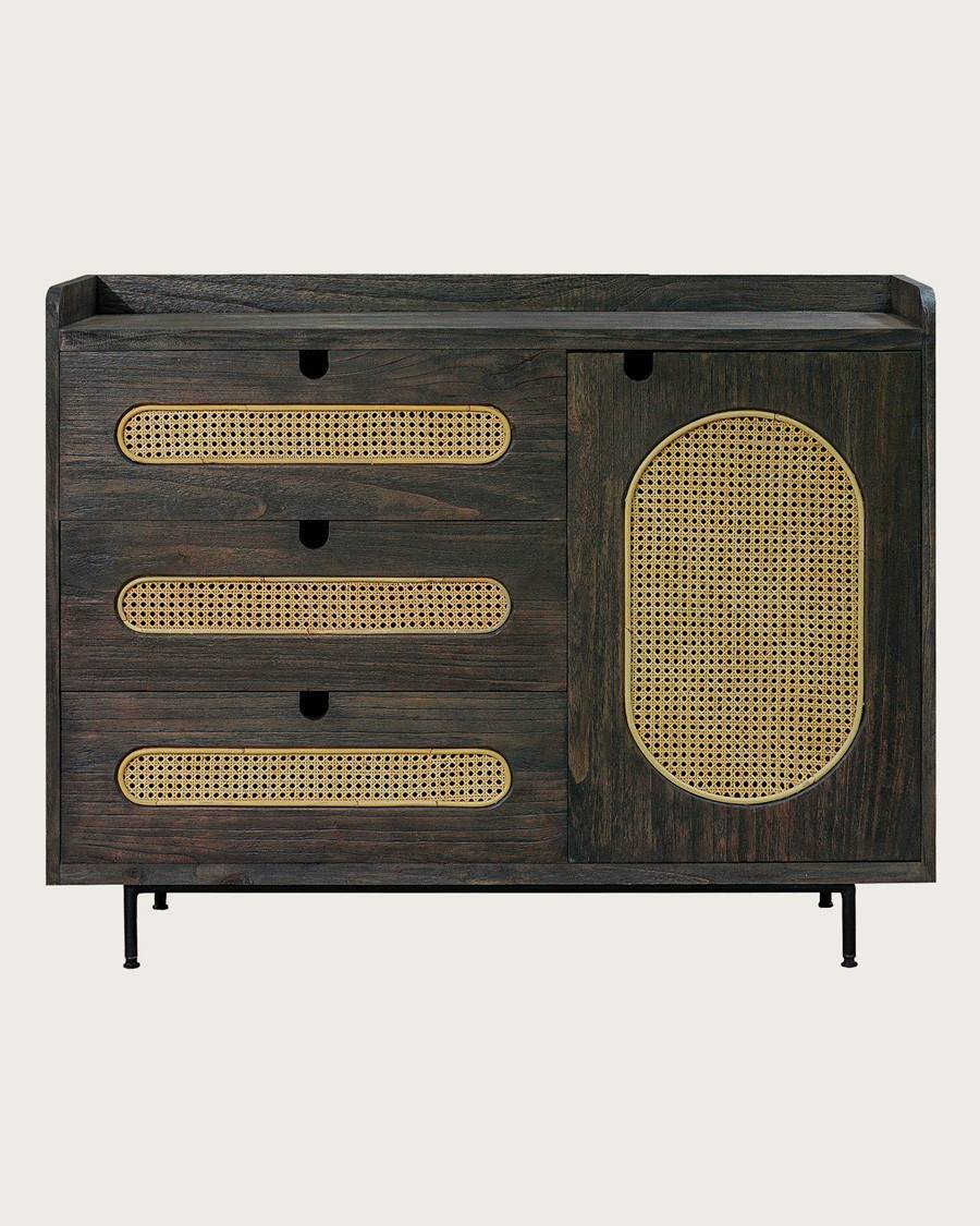 Sanaa - Commode noire 3 tiroirs en mindy massif et cannage - UNIQKA - Image 1