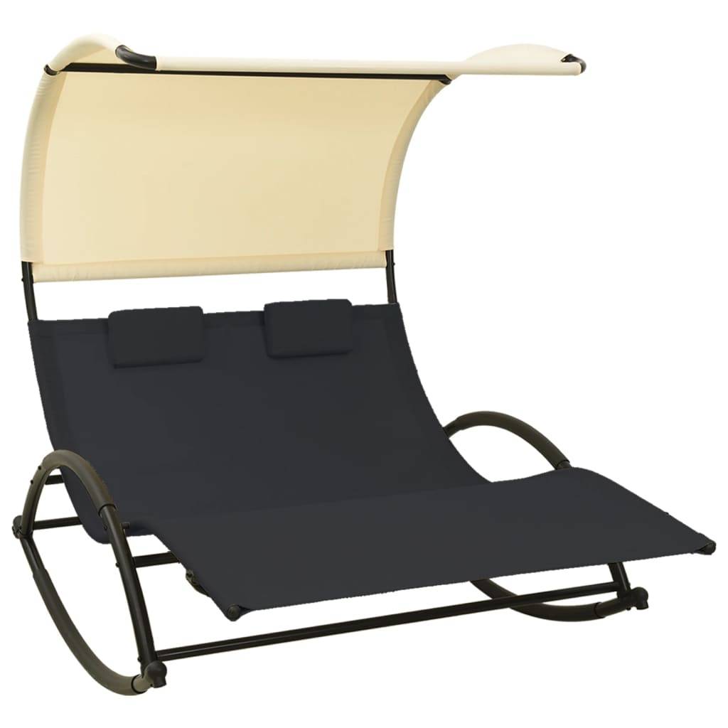 Helloshop26 - Transat chaise longue bain de soleil lit de jardin terrasse meuble d'extérieur double avec auvent textilène noir et crème - Image 1