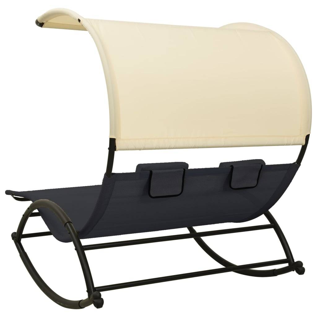 Helloshop26 - Transat chaise longue bain de soleil lit de jardin terrasse meuble d'extérieur double avec auvent textilène noir et crème - Image 4