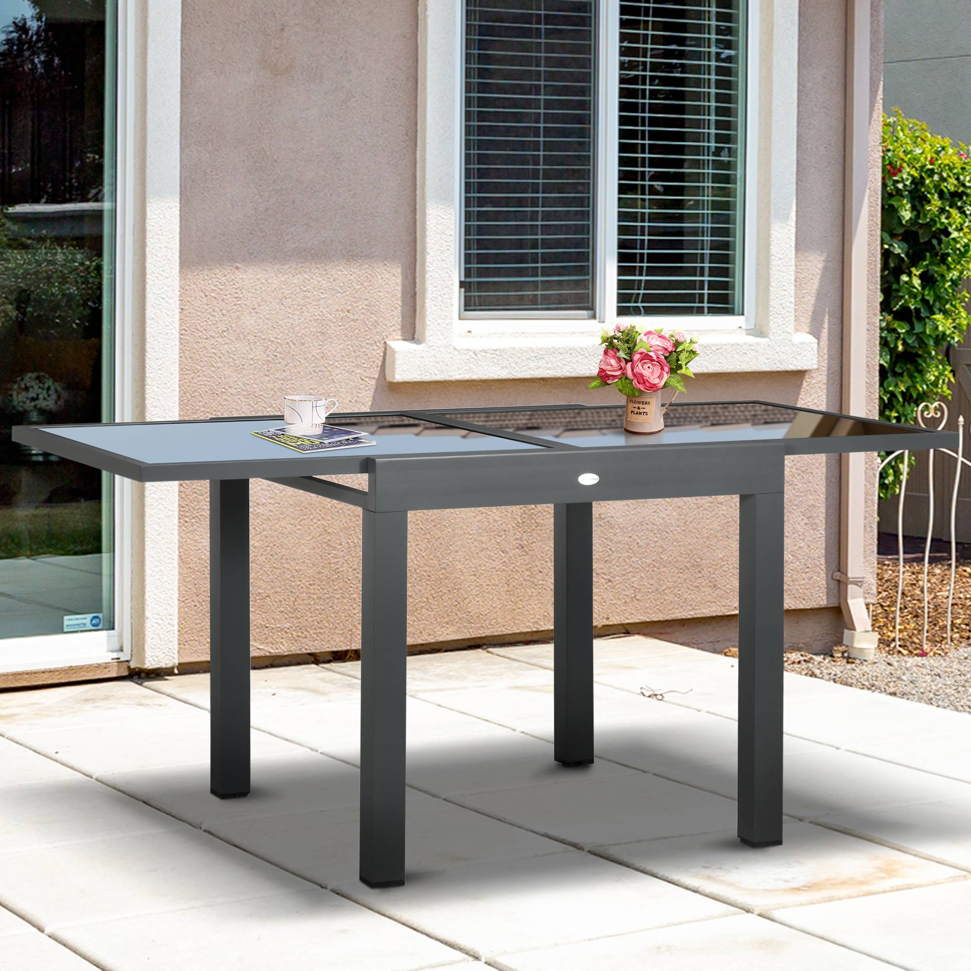 Sans Marque - Table Extensible de Jardin Grande Taille dim. dépliées 160 x 80 x 75 cm Aluminium Gris foncé Plateau Verre trempé Noir - Image 4