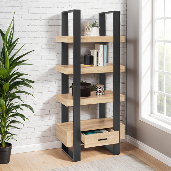 Etagère 4 niveaux avec tiroir PHOENIX bois et noir - Image 1