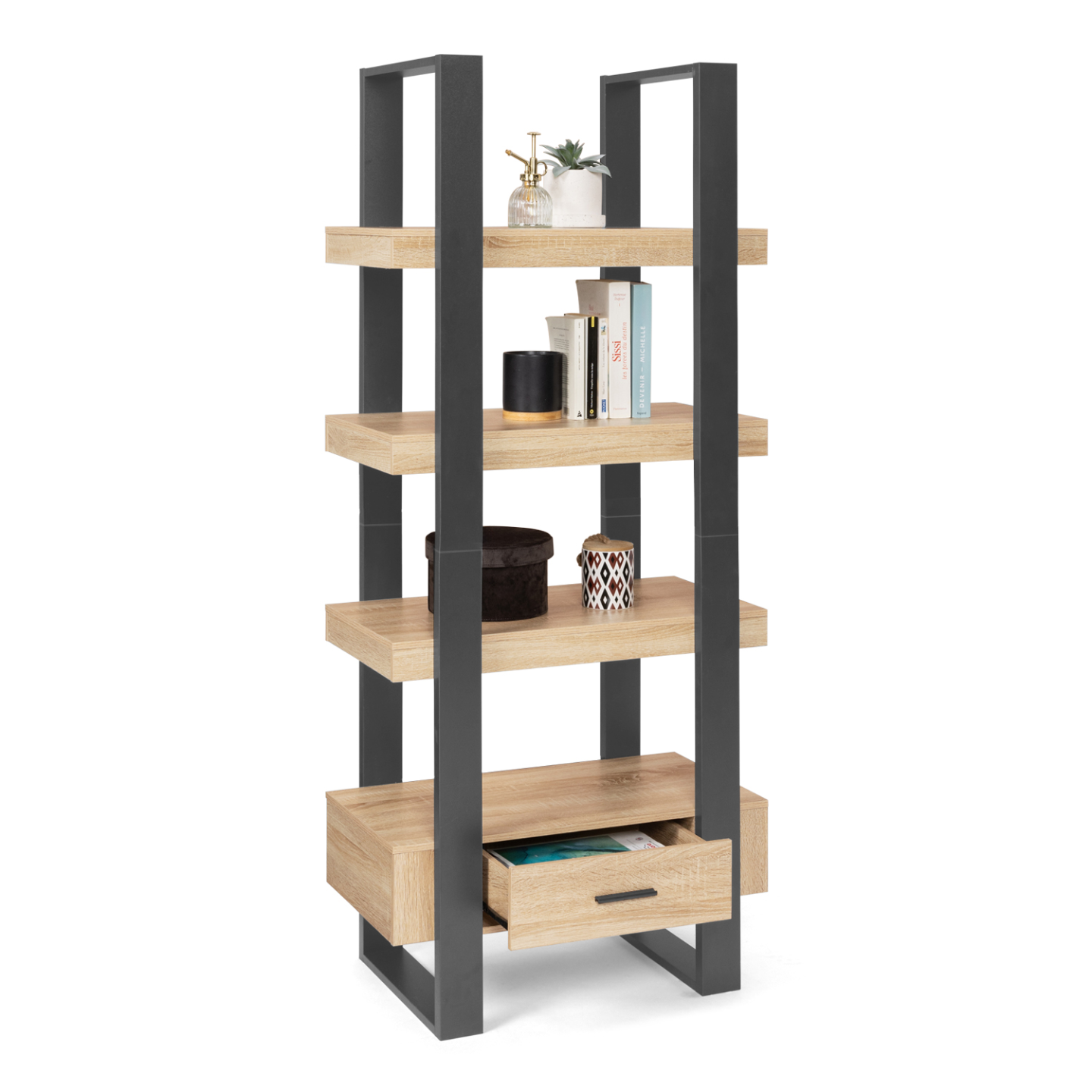 Etagère 4 niveaux avec tiroir PHOENIX bois et noir - Image 2