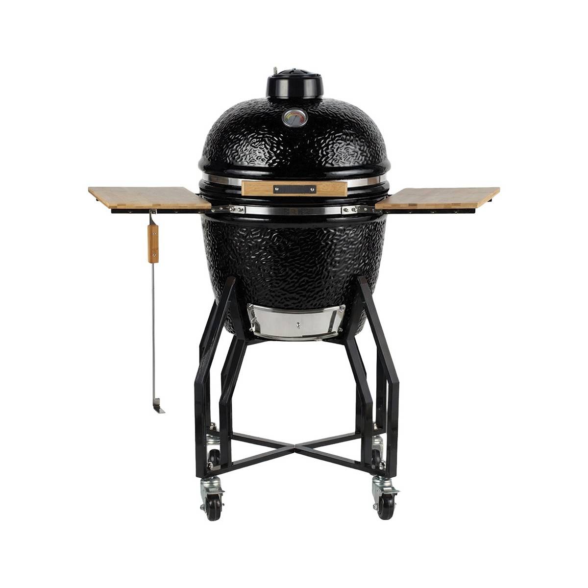 Barbecue à charbon de bois Céramique Kamado Noir 2 zones de cuisson Grill & Fumoir Ø56cm - Barbecue mobile + 2 tablettes INTEC