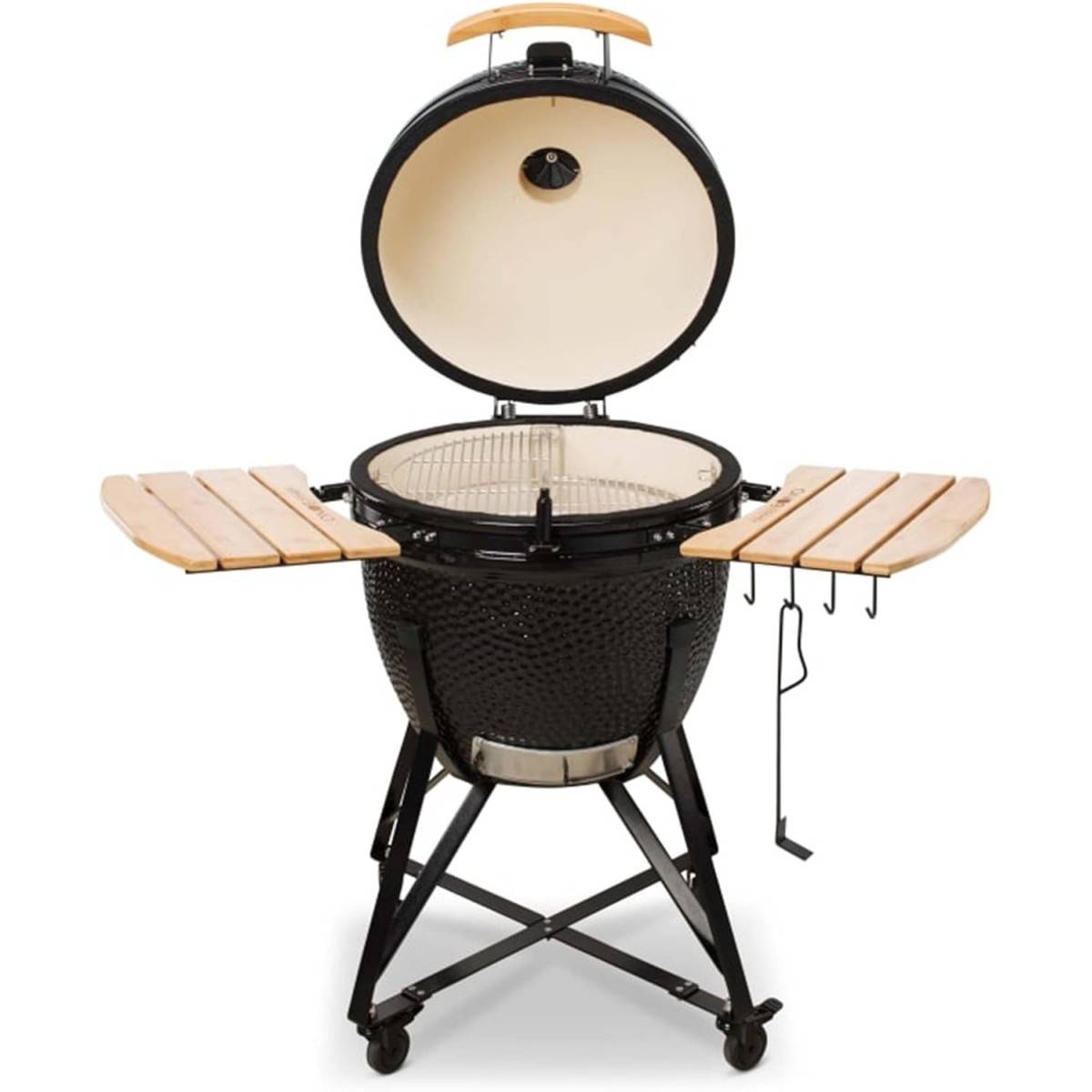 Barbecue à charbon de bois Céramique Kamado Noir 2 zones de cuisson Grill & Fumoir Ø56cm - Barbecue mobile + 2 tablettes INTEC - Image 2