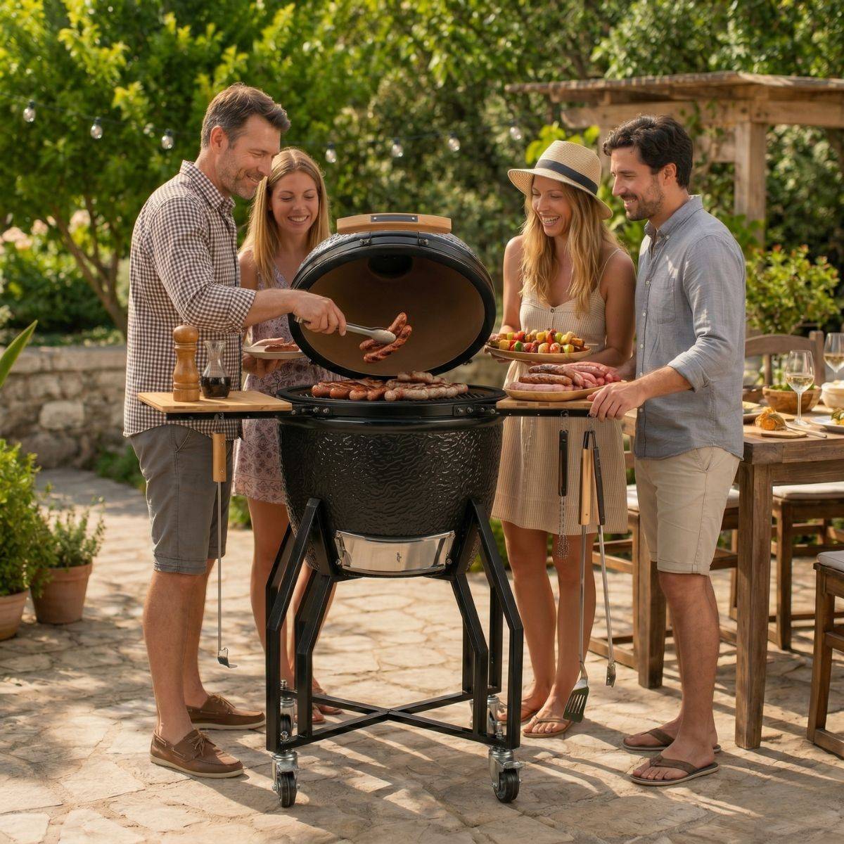 Barbecue à charbon de bois Céramique Kamado Noir 2 zones de cuisson Grill & Fumoir Ø56cm - Barbecue mobile + 2 tablettes INTEC - Image 3