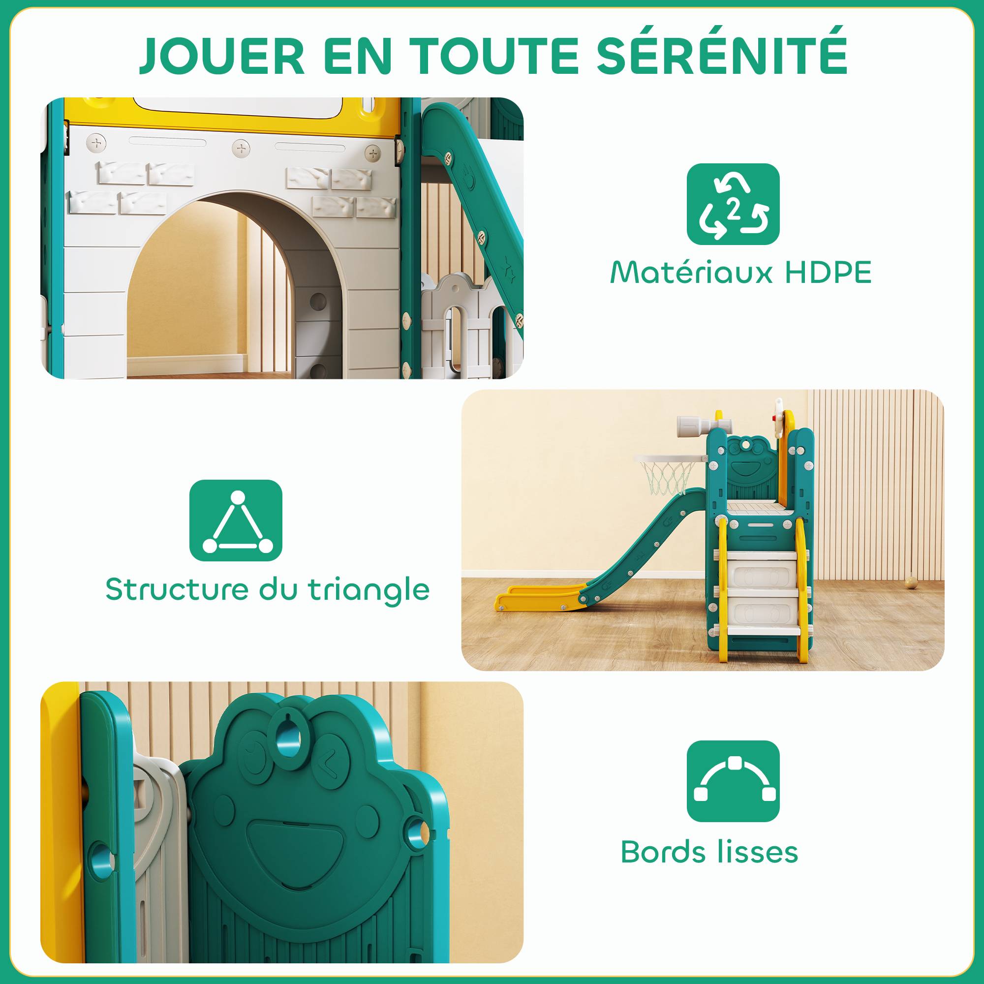 Toboggan pour enfant 7 en 1 avec panier de basket, télescope, rangement, tunnel, escalade, tableau de dessin, jaune - Image 8