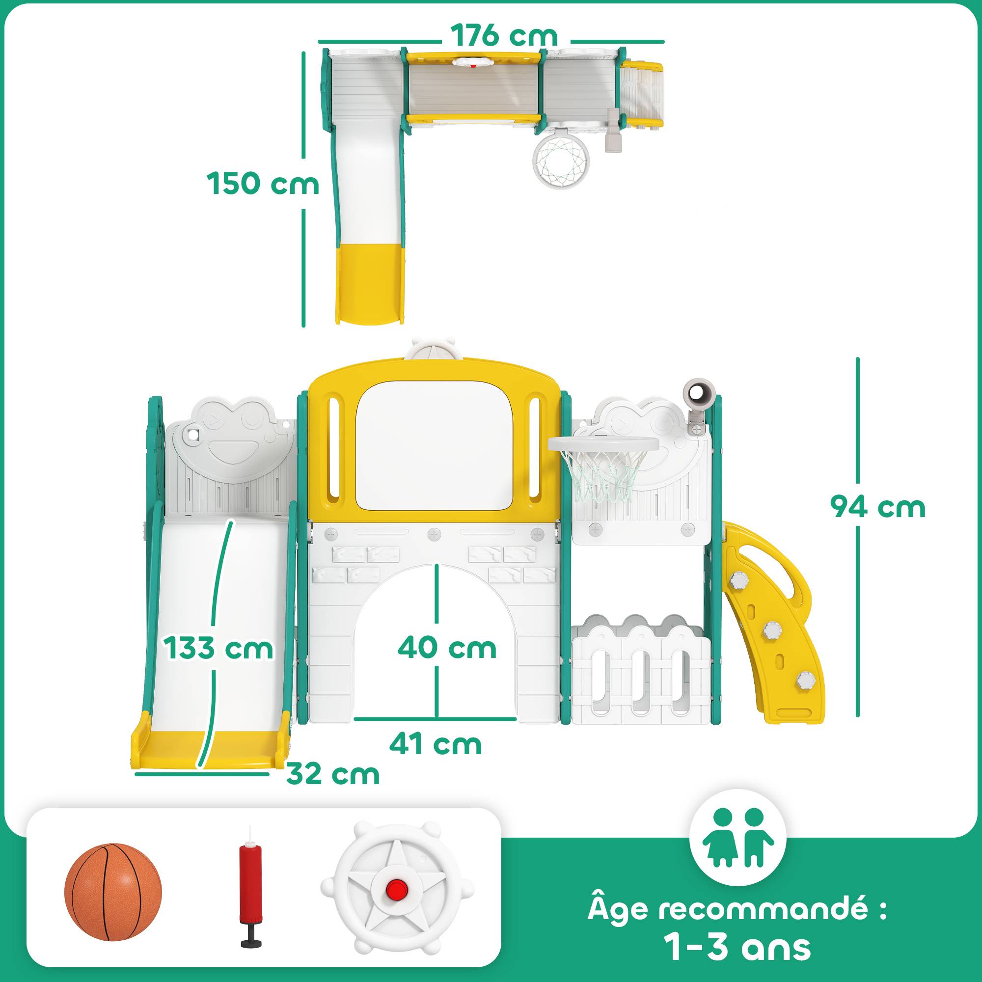 Toboggan pour enfant 7 en 1 avec panier de basket, télescope, rangement, tunnel, escalade, tableau de dessin, jaune - Image 5