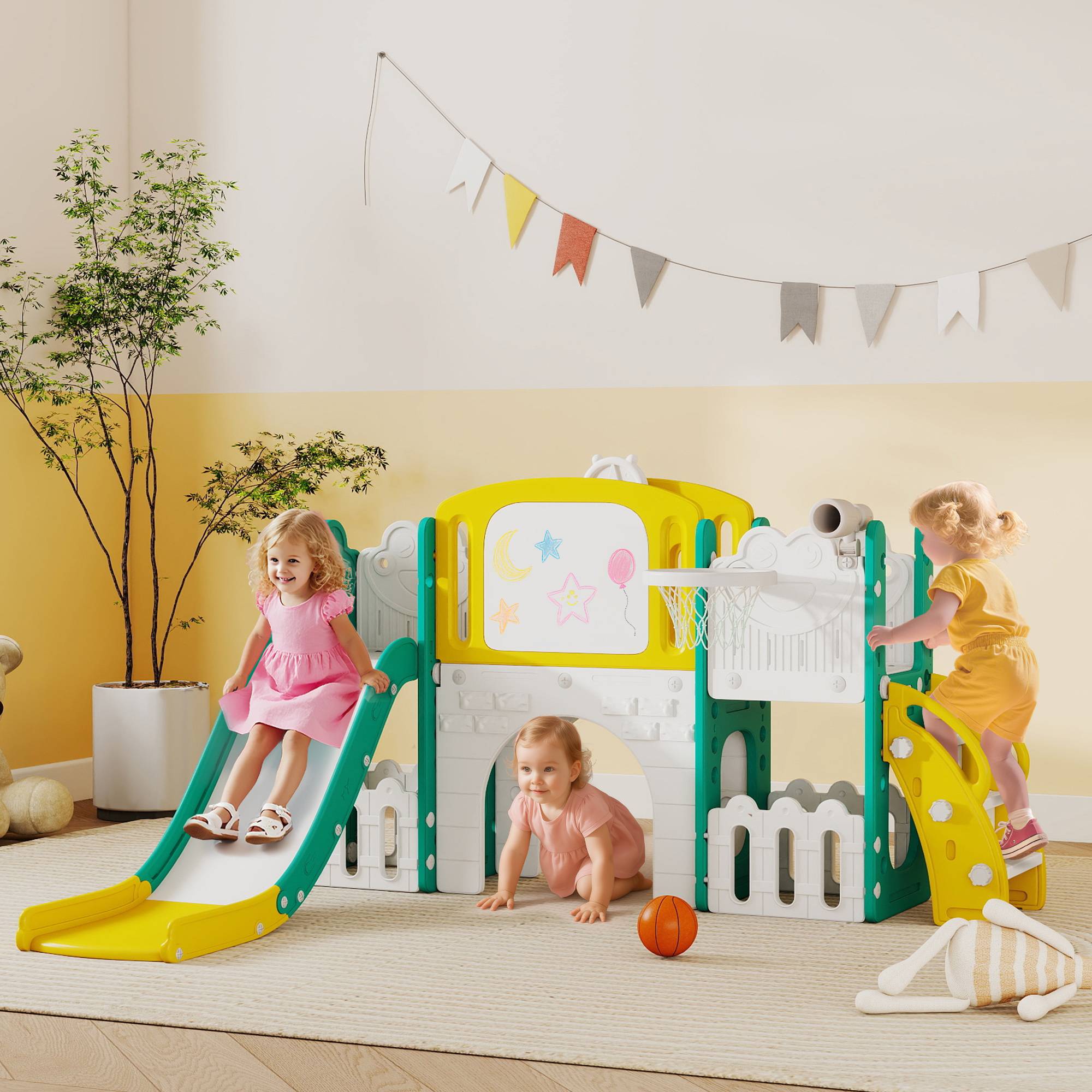 Toboggan pour enfant 7 en 1 avec panier de basket, télescope, rangement, tunnel, escalade, tableau de dessin, jaune - Image 3
