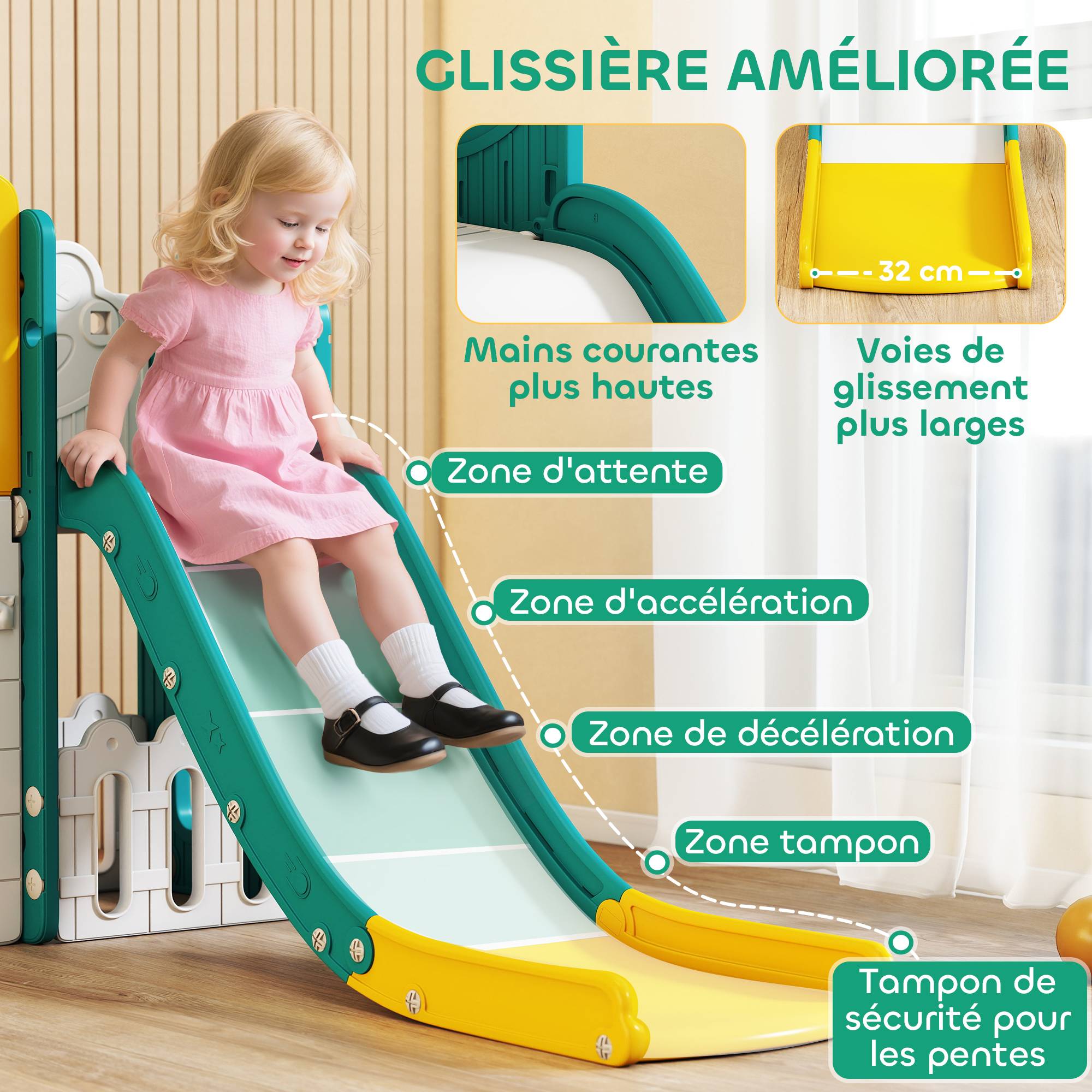 Toboggan pour enfant 7 en 1 avec panier de basket, télescope, rangement, tunnel, escalade, tableau de dessin, jaune - Image 7