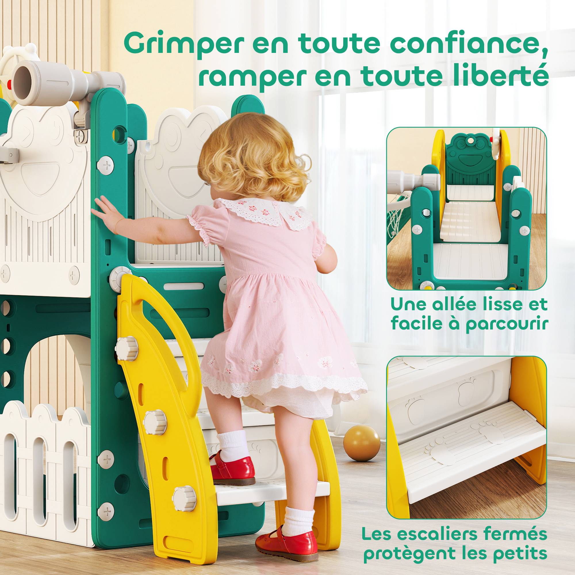 Toboggan pour enfant 7 en 1 avec panier de basket, télescope, rangement, tunnel, escalade, tableau de dessin, jaune - Image 9